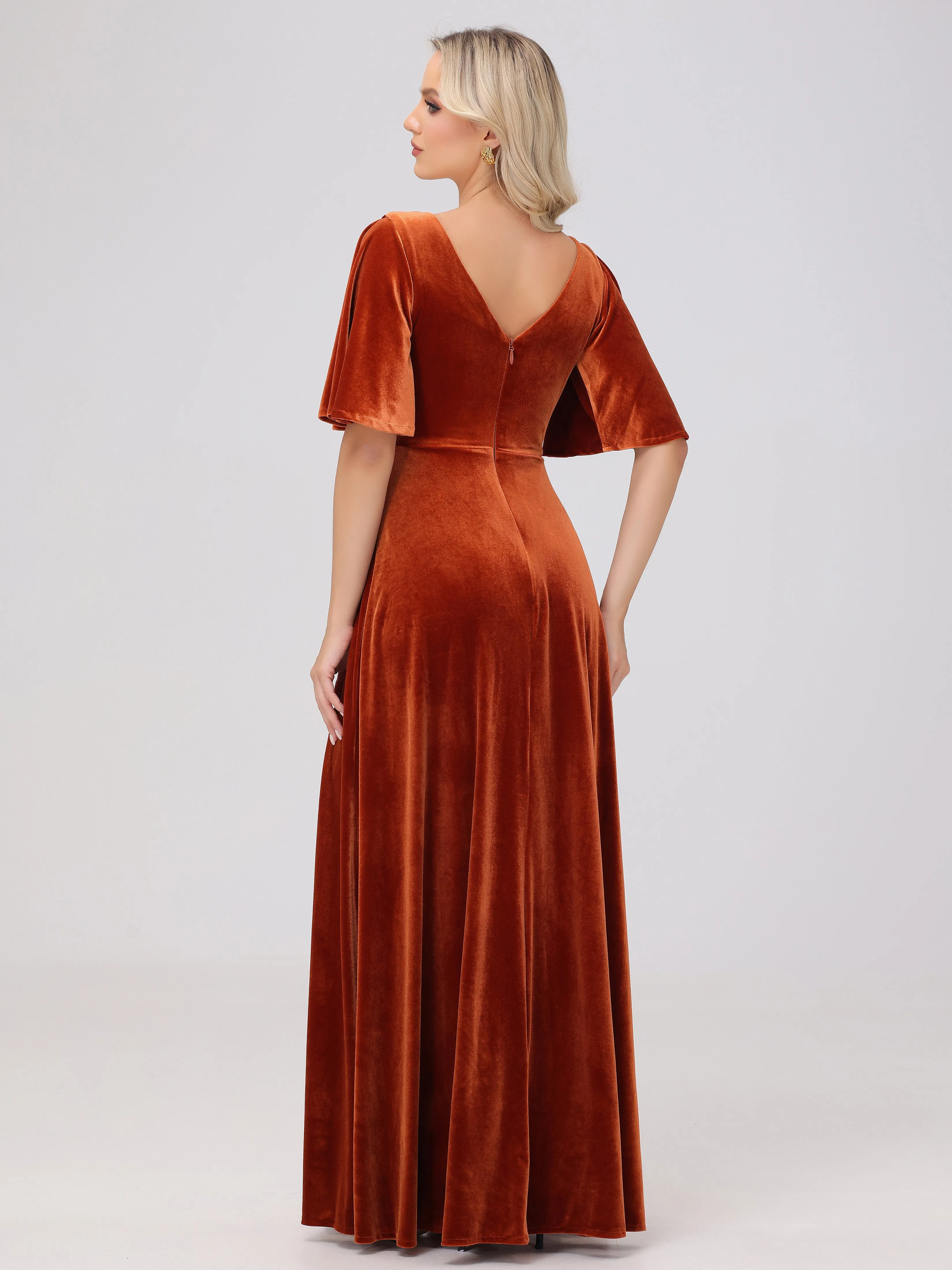 A-Line Half Sleeves V-Neck Floor-Length Velvet Bridesmaid Dresses