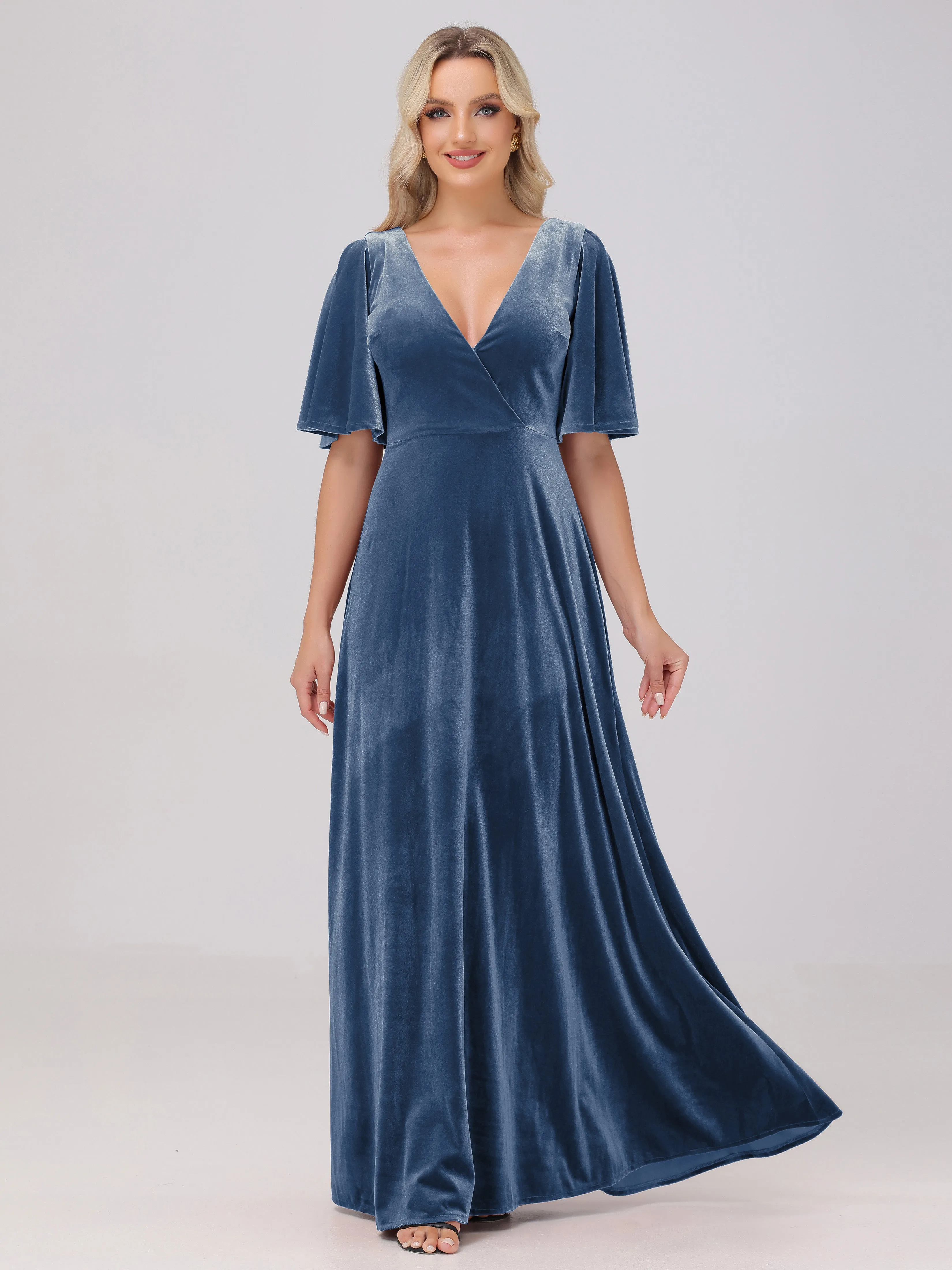 A-Line Half Sleeves V-Neck Floor-Length Velvet Bridesmaid Dresses