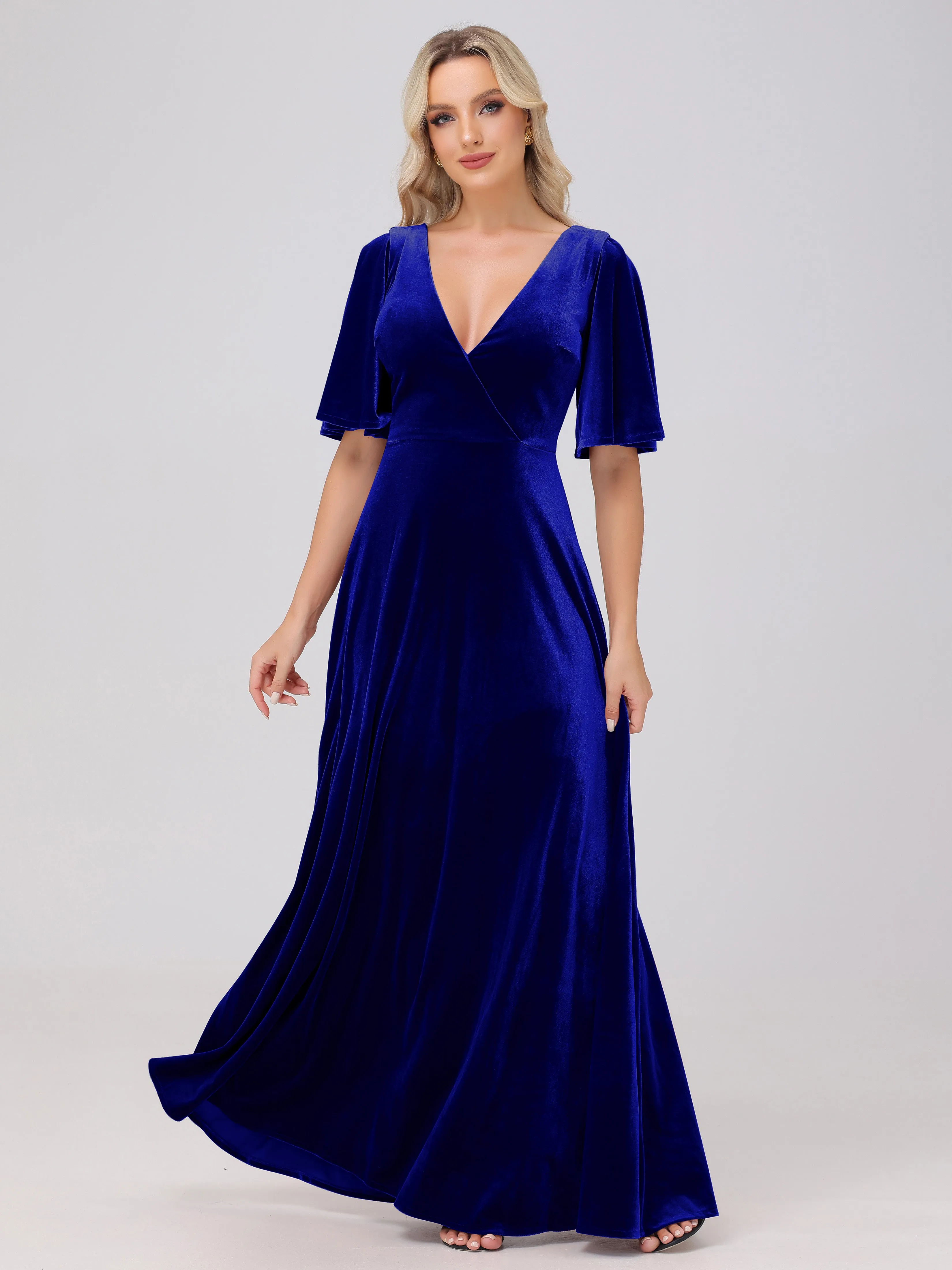 A-Line Half Sleeves V-Neck Floor-Length Velvet Bridesmaid Dresses