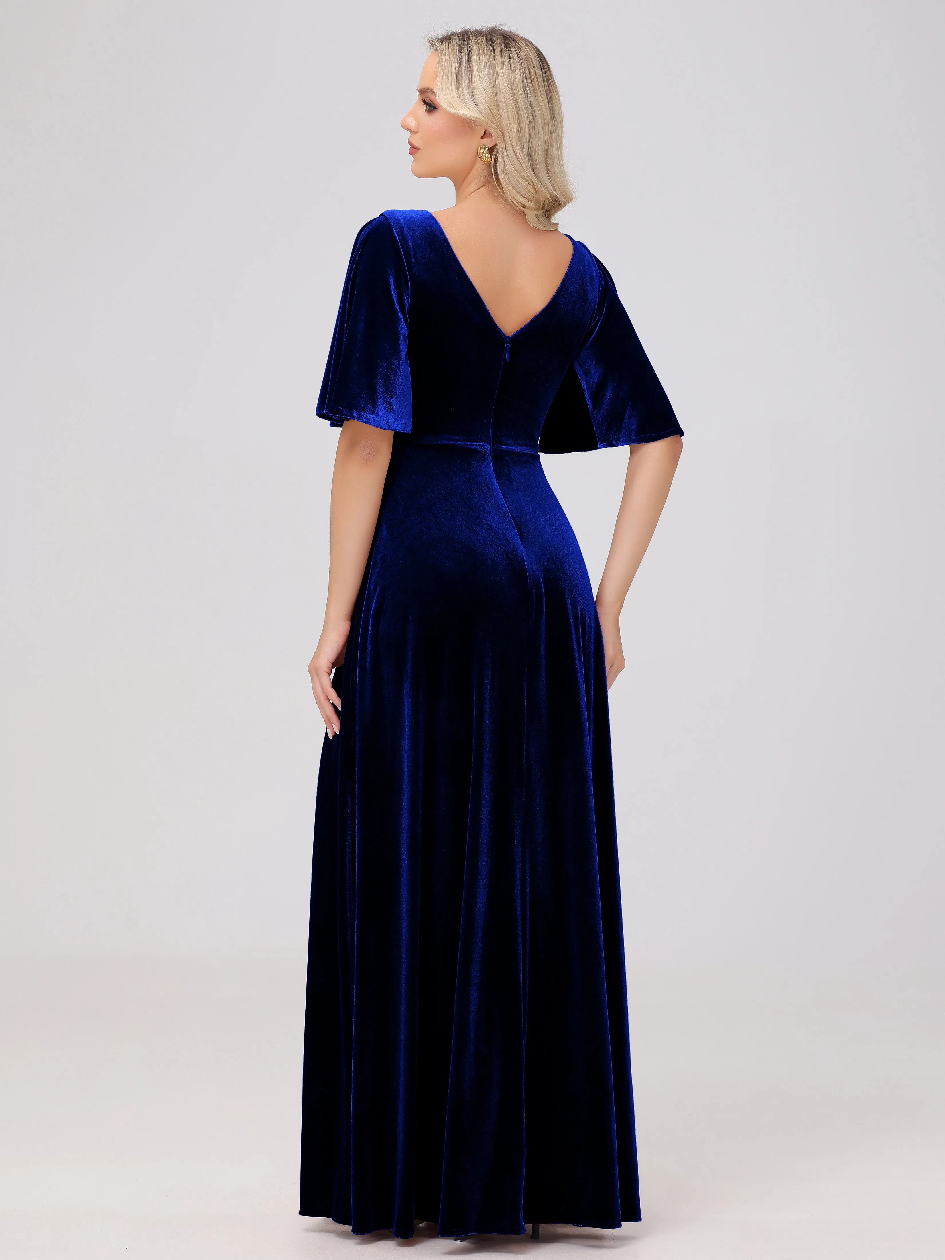 A-Line Half Sleeves V-Neck Floor-Length Velvet Bridesmaid Dresses