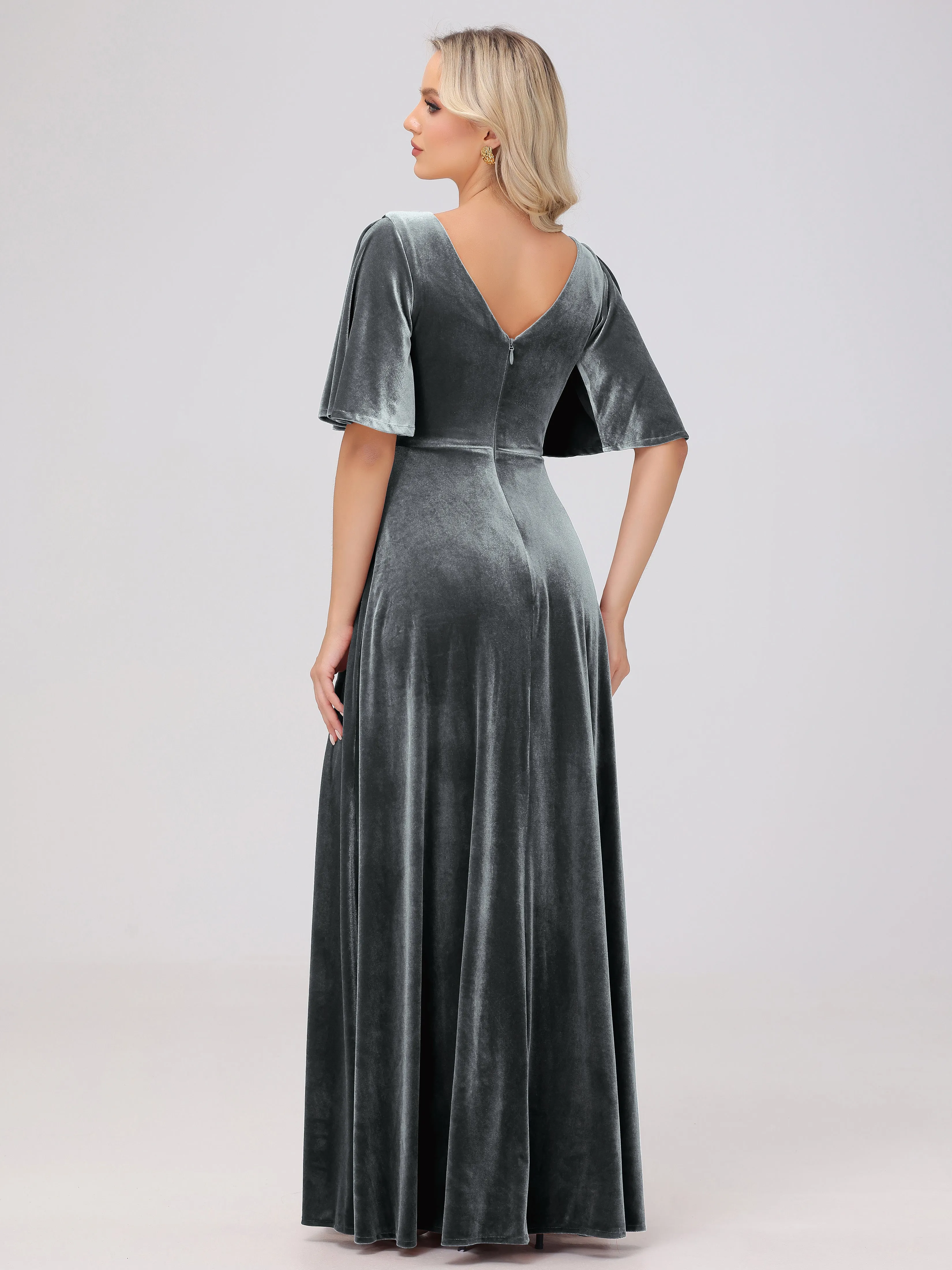 A-Line Half Sleeves V-Neck Floor-Length Velvet Bridesmaid Dresses