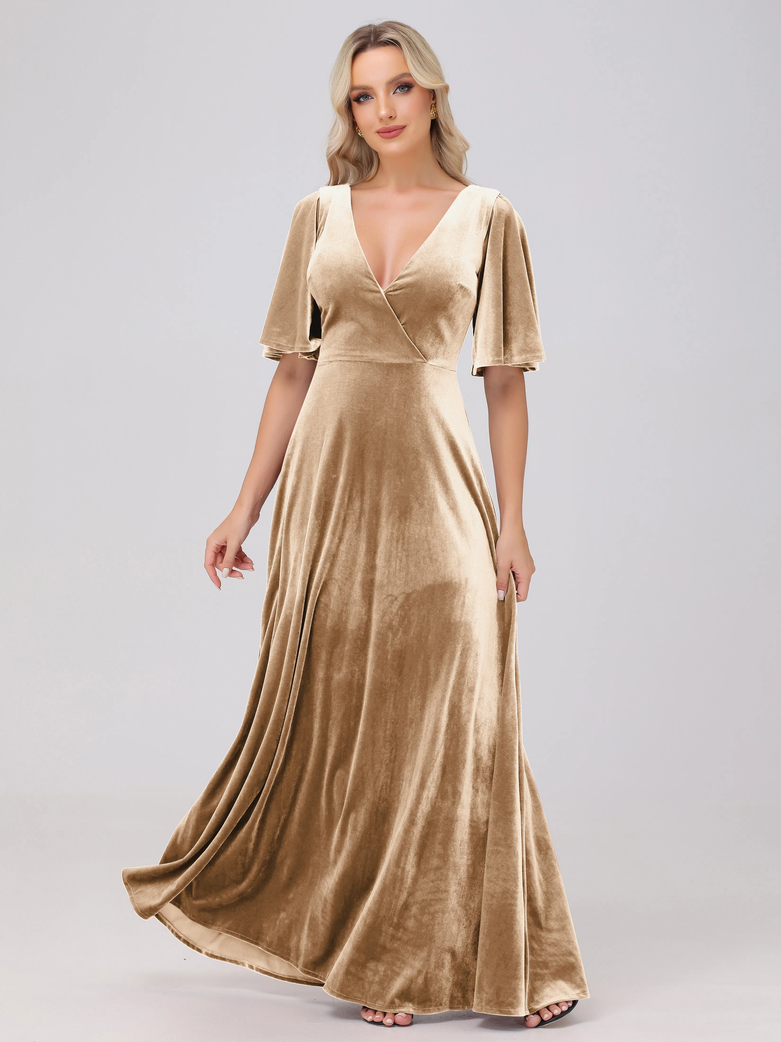 A-Line Half Sleeves V-Neck Floor-Length Velvet Bridesmaid Dresses