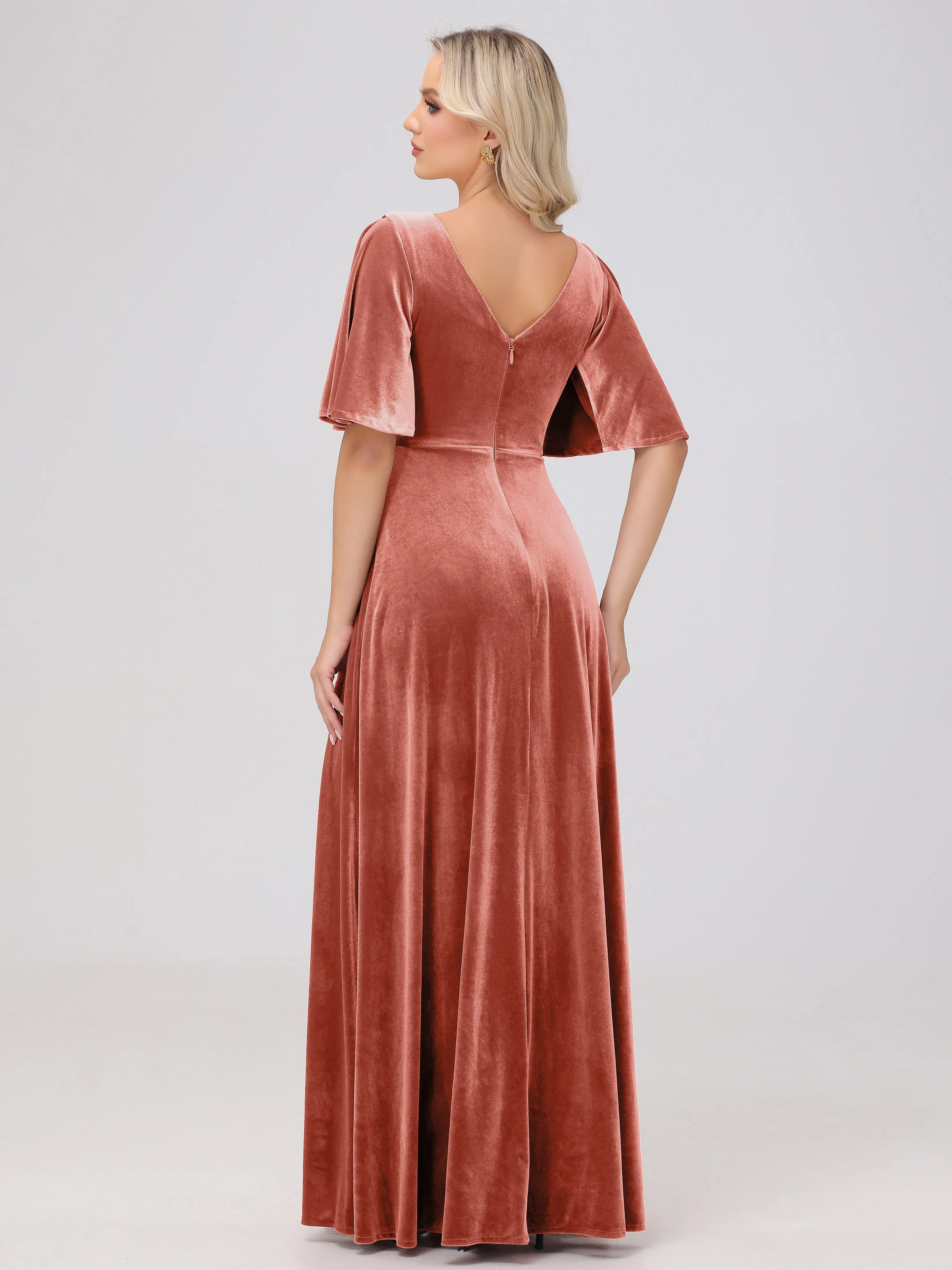 A-Line Half Sleeves V-Neck Floor-Length Velvet Bridesmaid Dresses