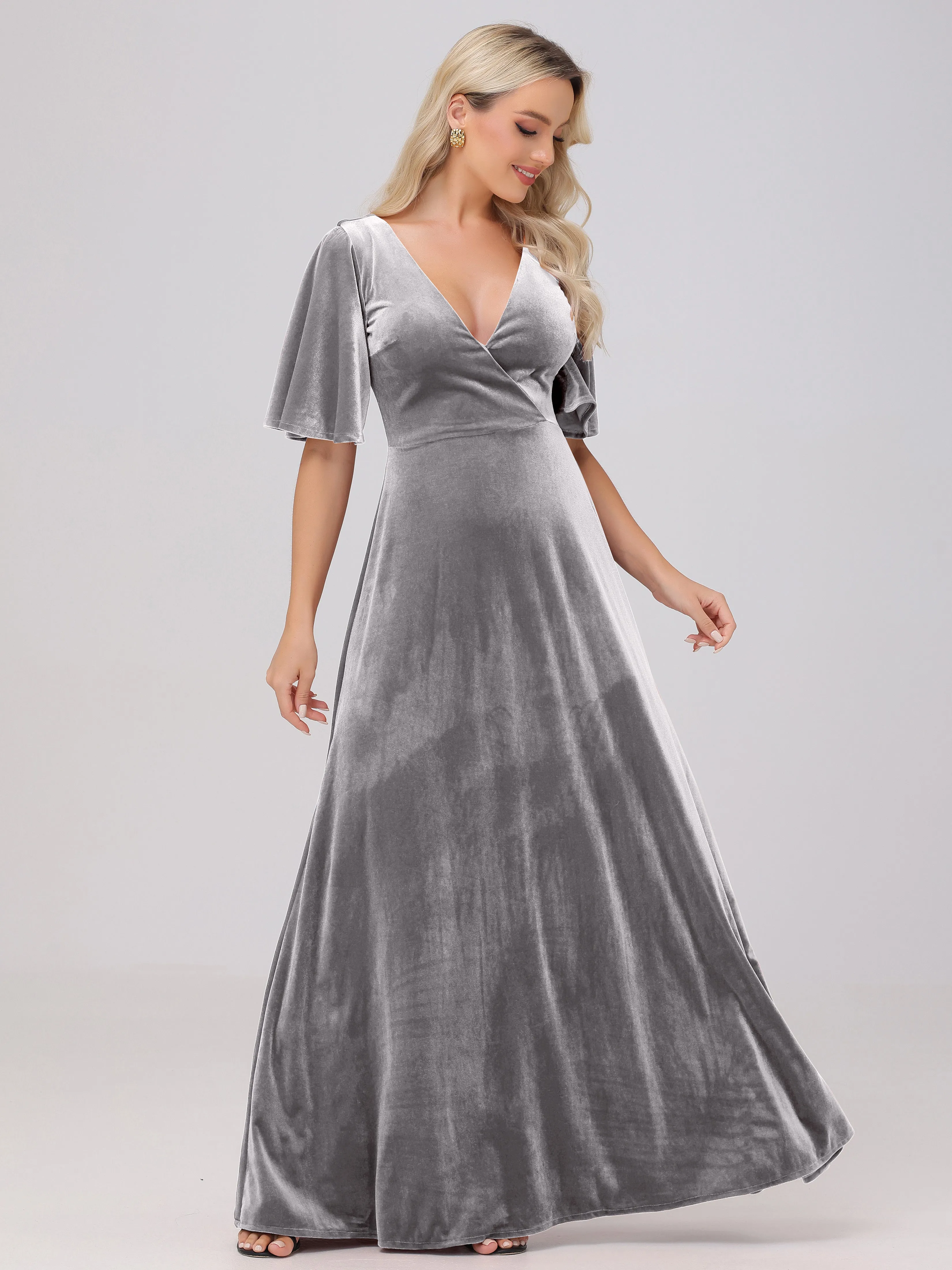 A-Line Half Sleeves V-Neck Floor-Length Velvet Bridesmaid Dresses