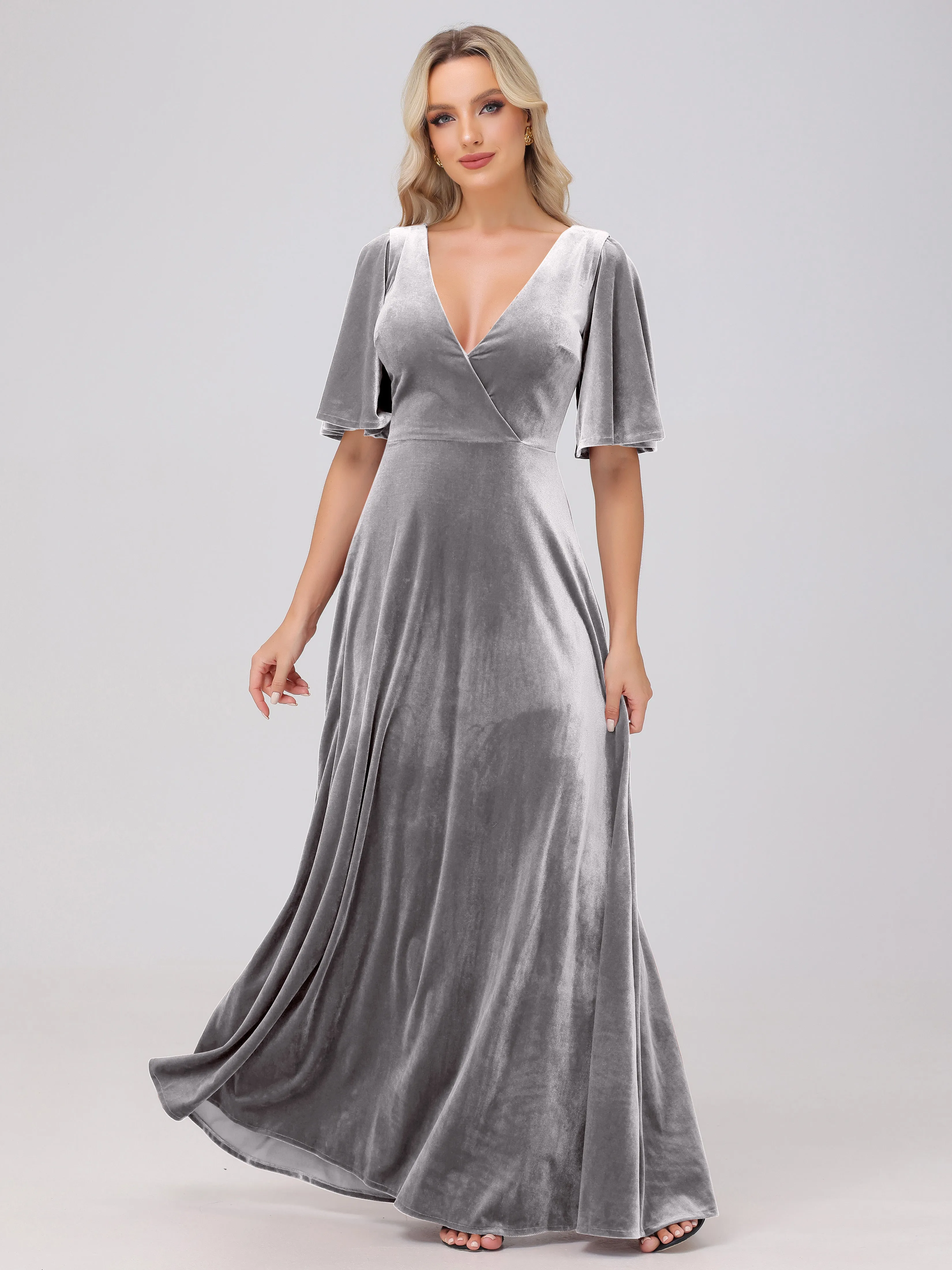 A-Line Half Sleeves V-Neck Floor-Length Velvet Bridesmaid Dresses