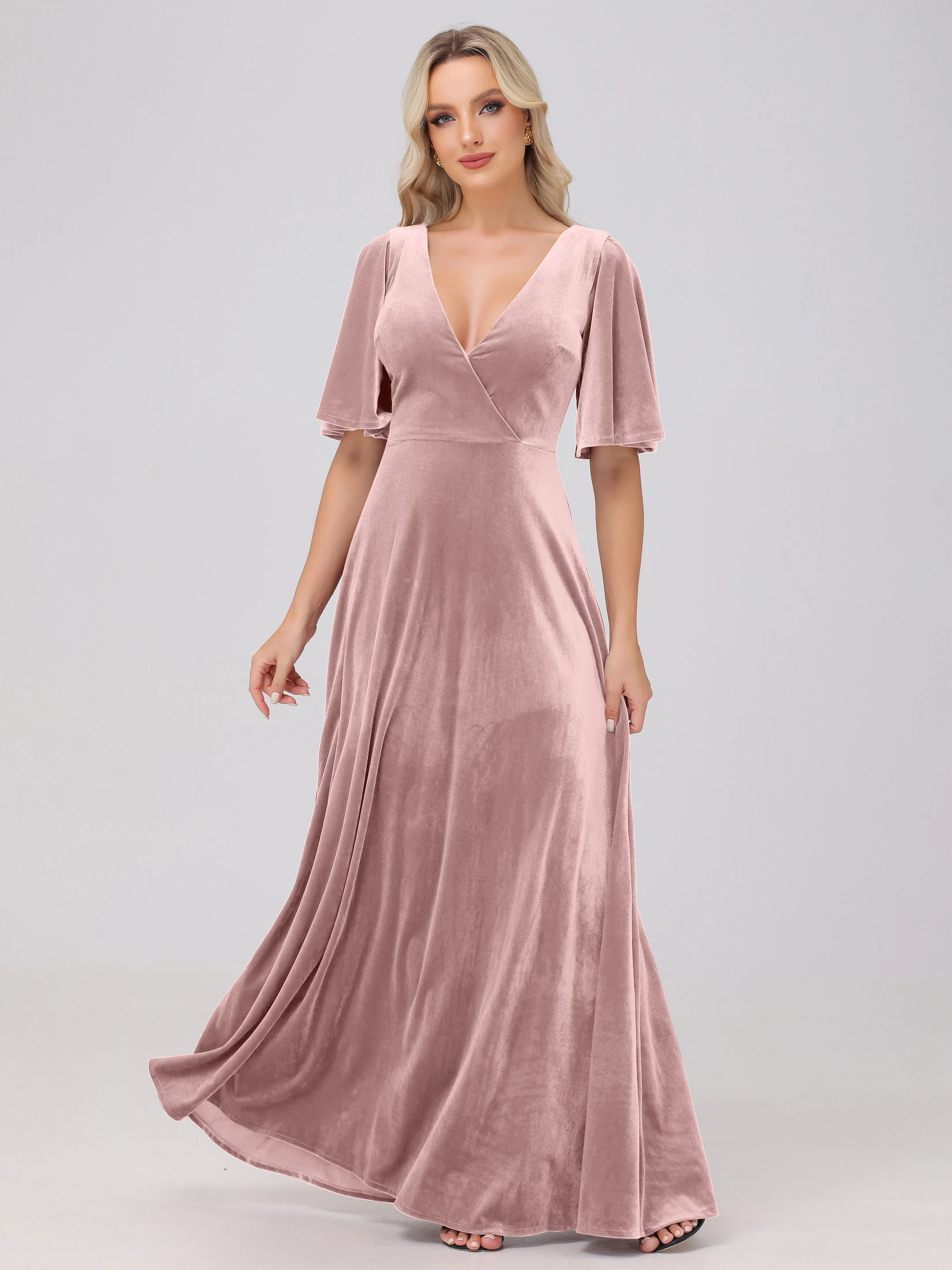 A-Line Half Sleeves V-Neck Floor-Length Velvet Bridesmaid Dresses