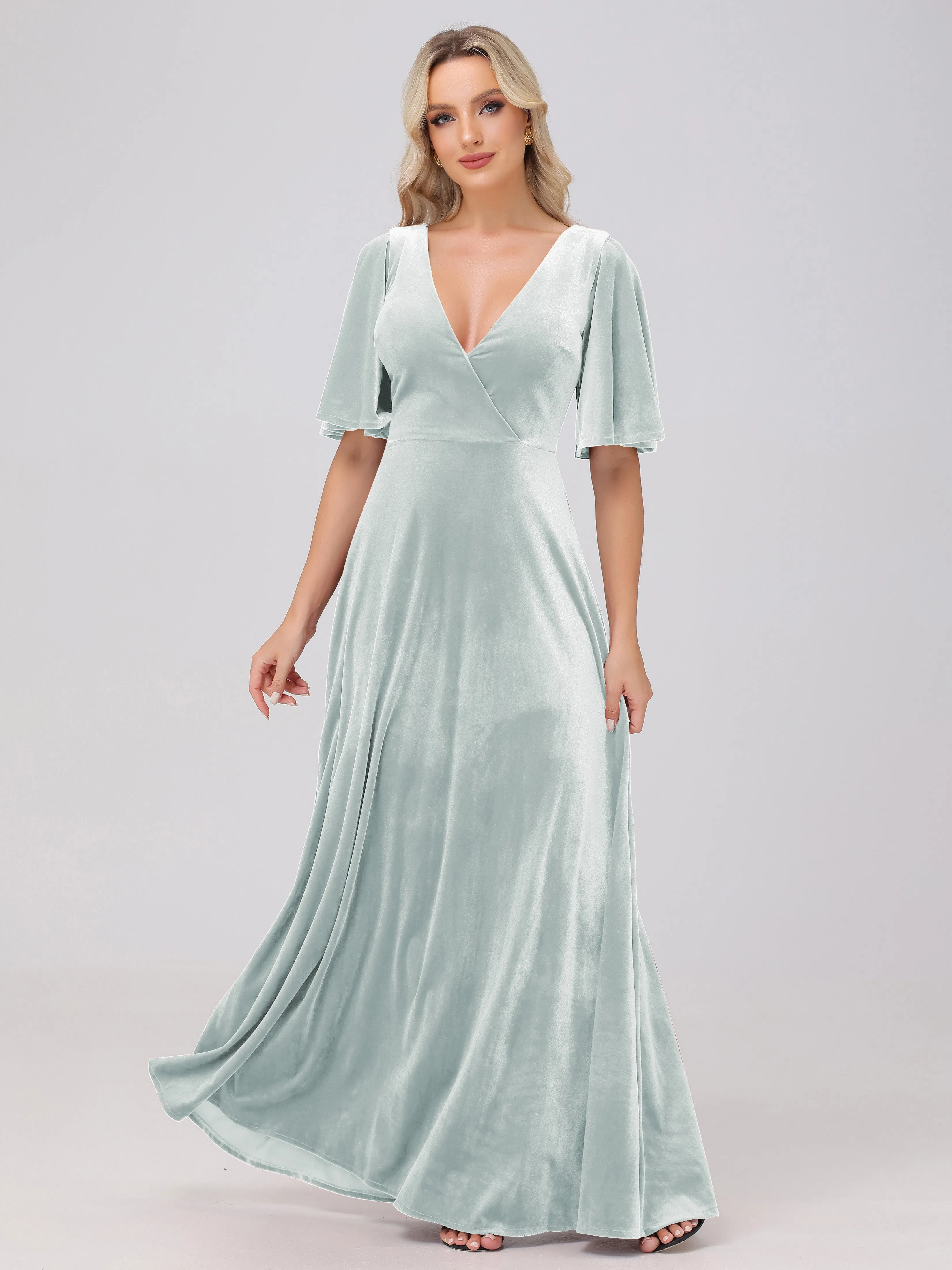 A-Line Half Sleeves V-Neck Floor-Length Velvet Bridesmaid Dresses