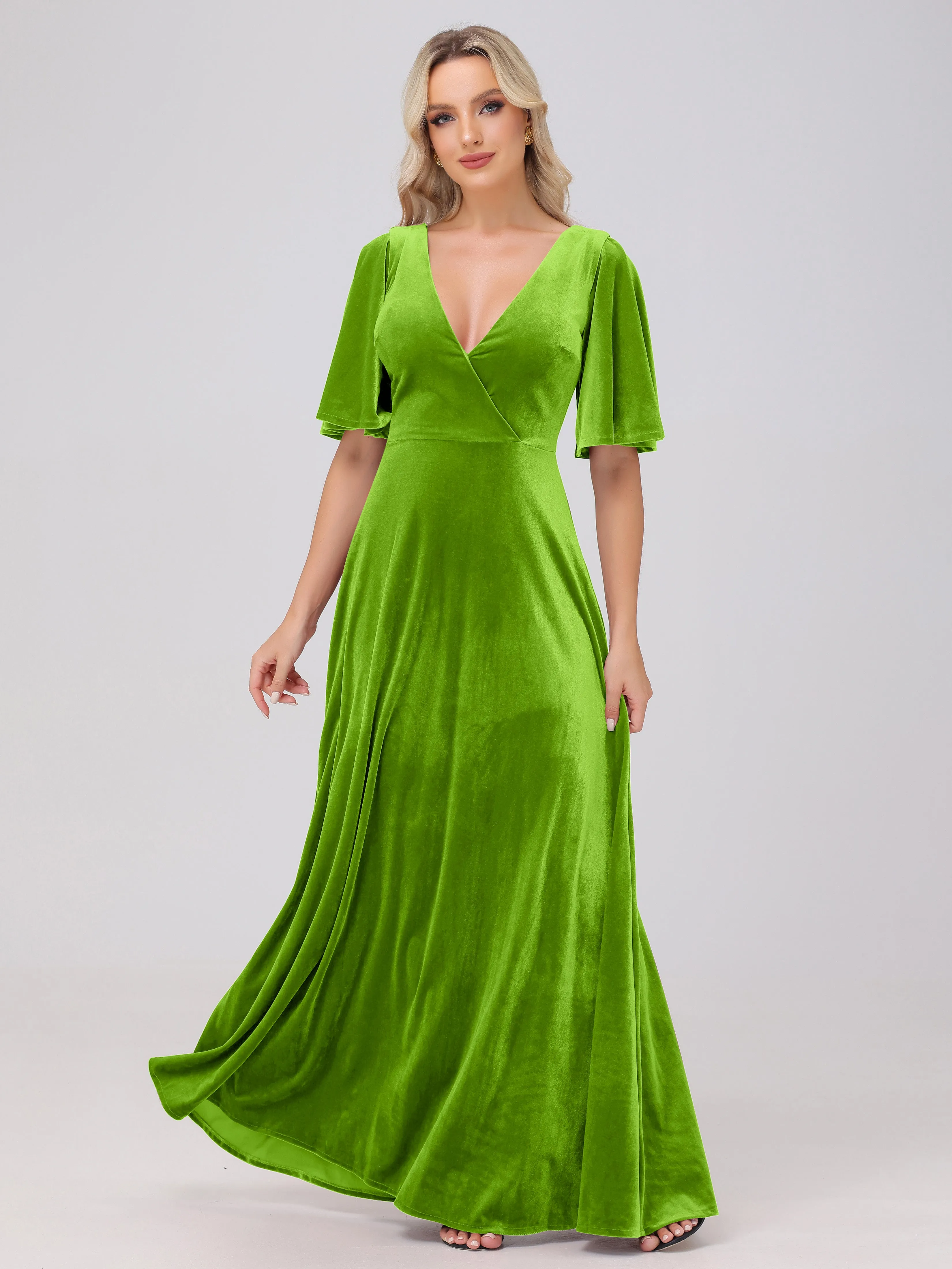 A-Line Half Sleeves V-Neck Floor-Length Velvet Bridesmaid Dresses