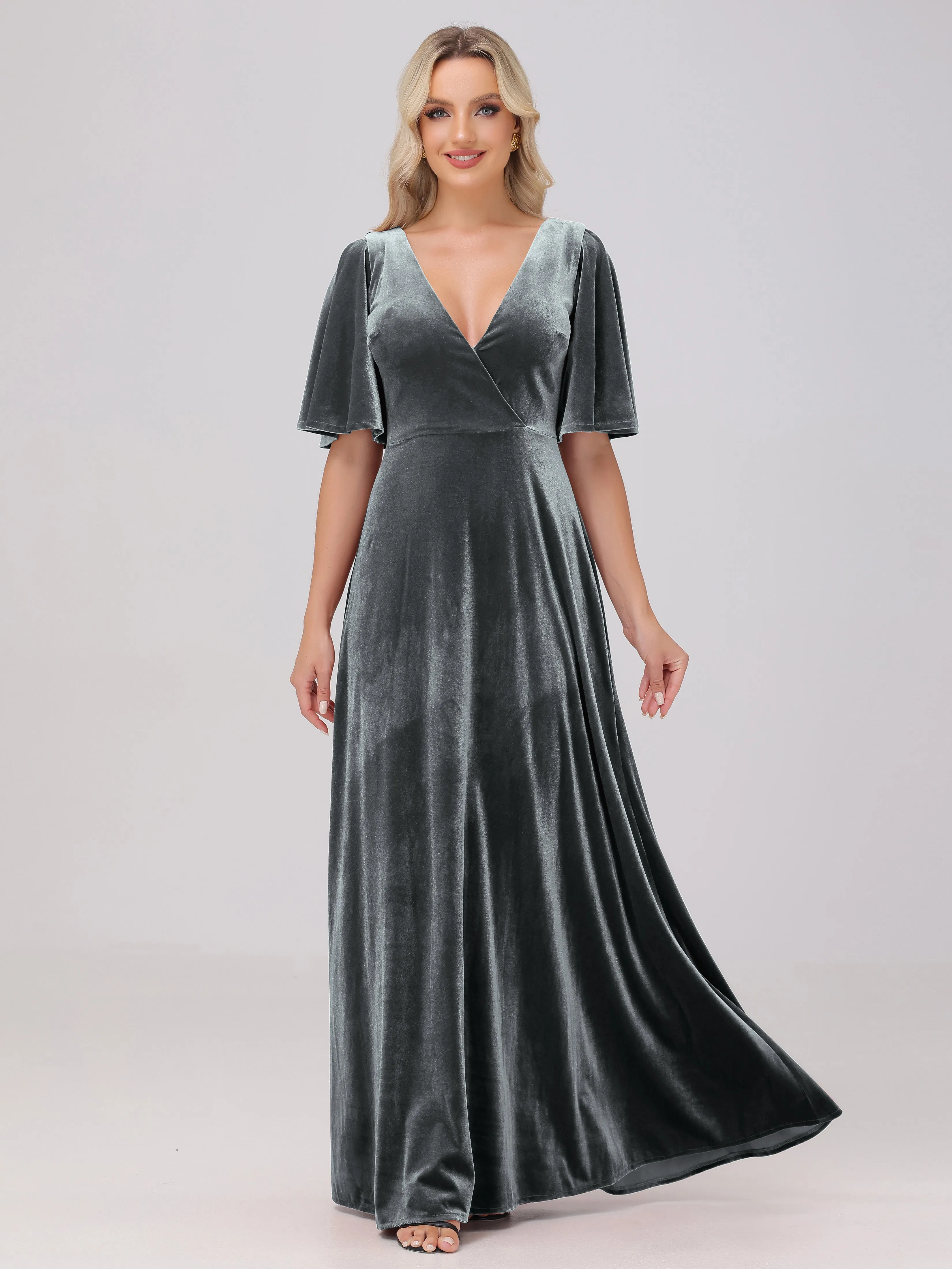 A-Line Half Sleeves V-Neck Floor-Length Velvet Bridesmaid Dresses