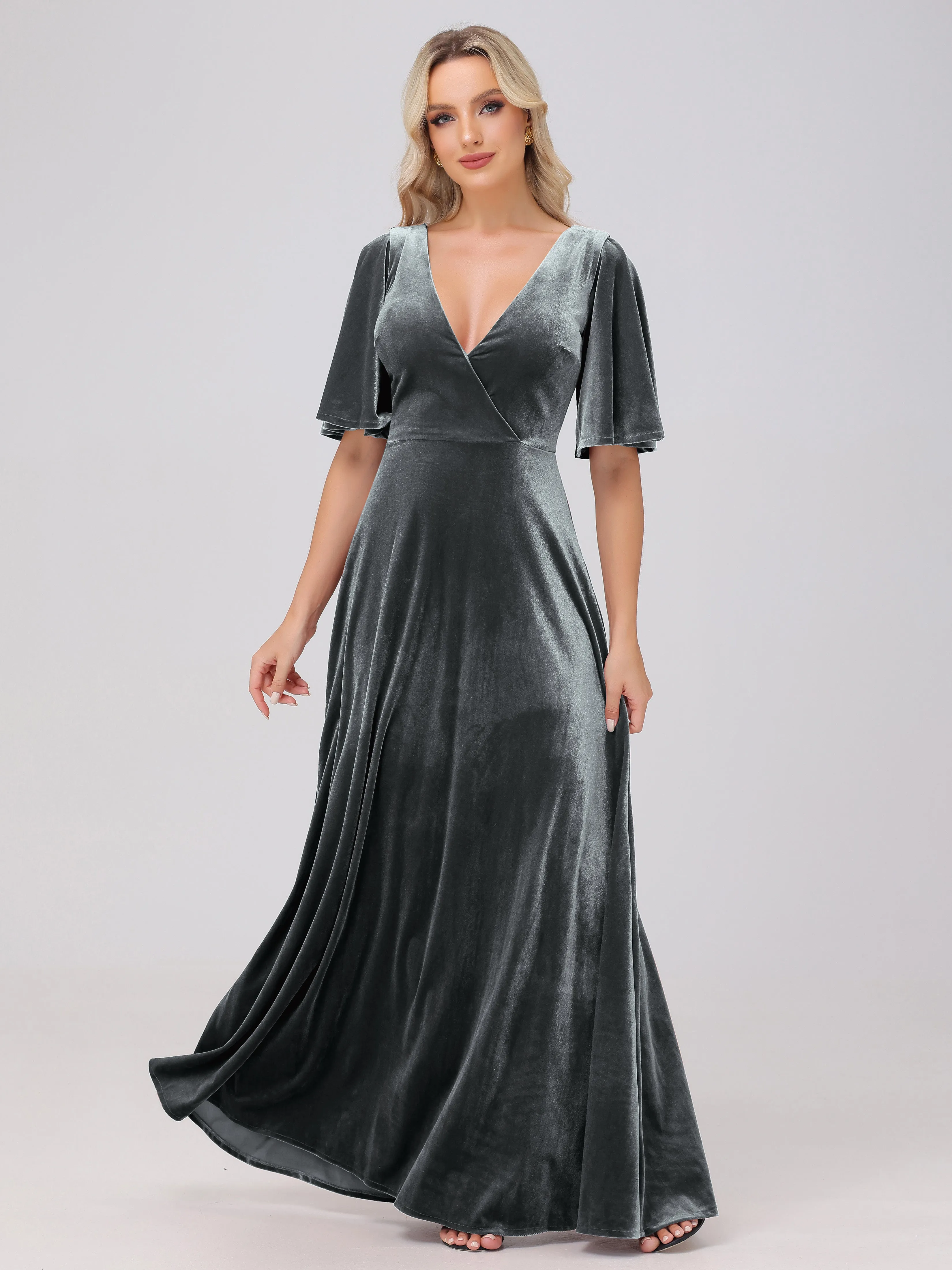 A-Line Half Sleeves V-Neck Floor-Length Velvet Bridesmaid Dresses