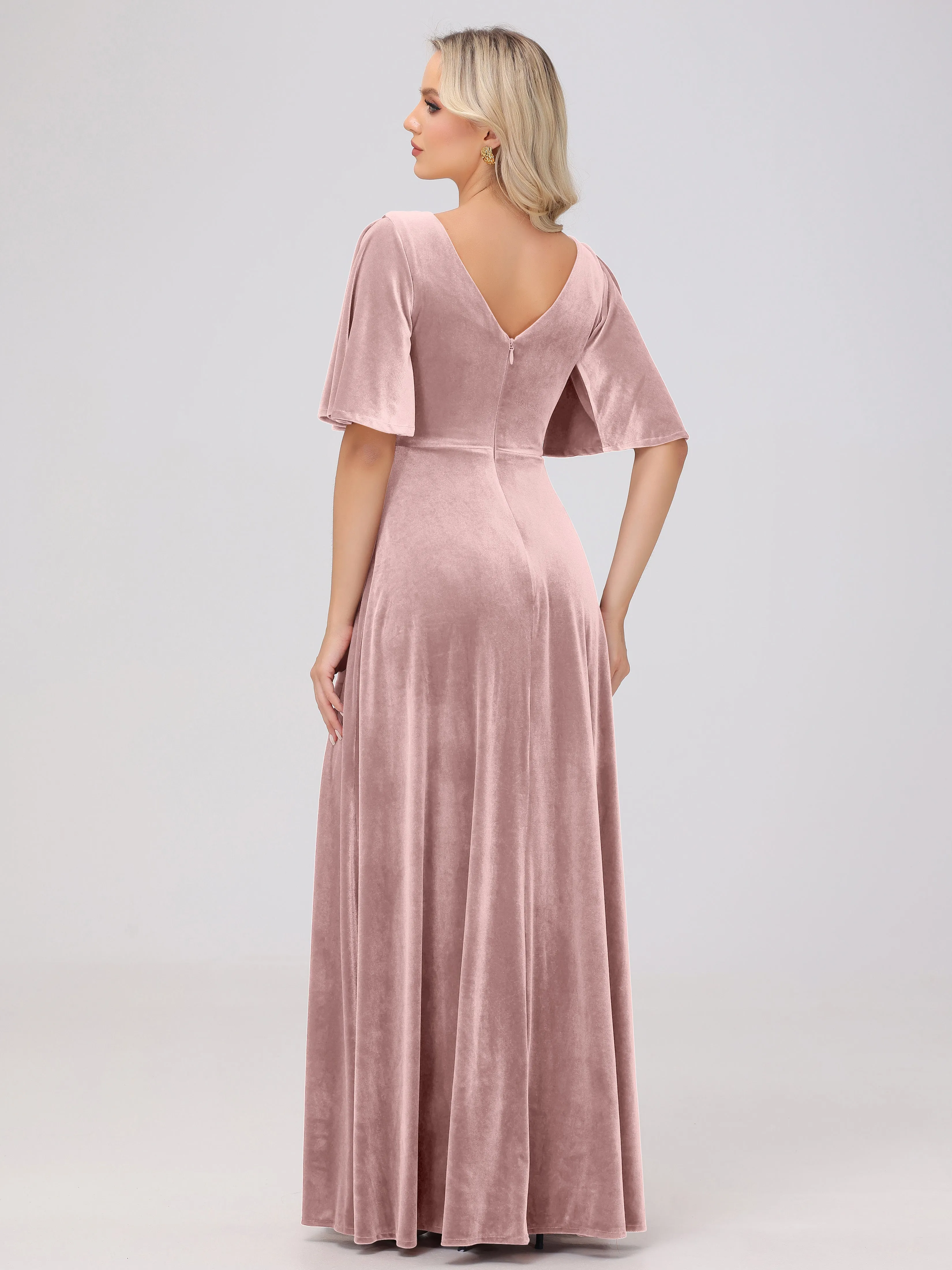 A-Line Half Sleeves V-Neck Floor-Length Velvet Bridesmaid Dresses