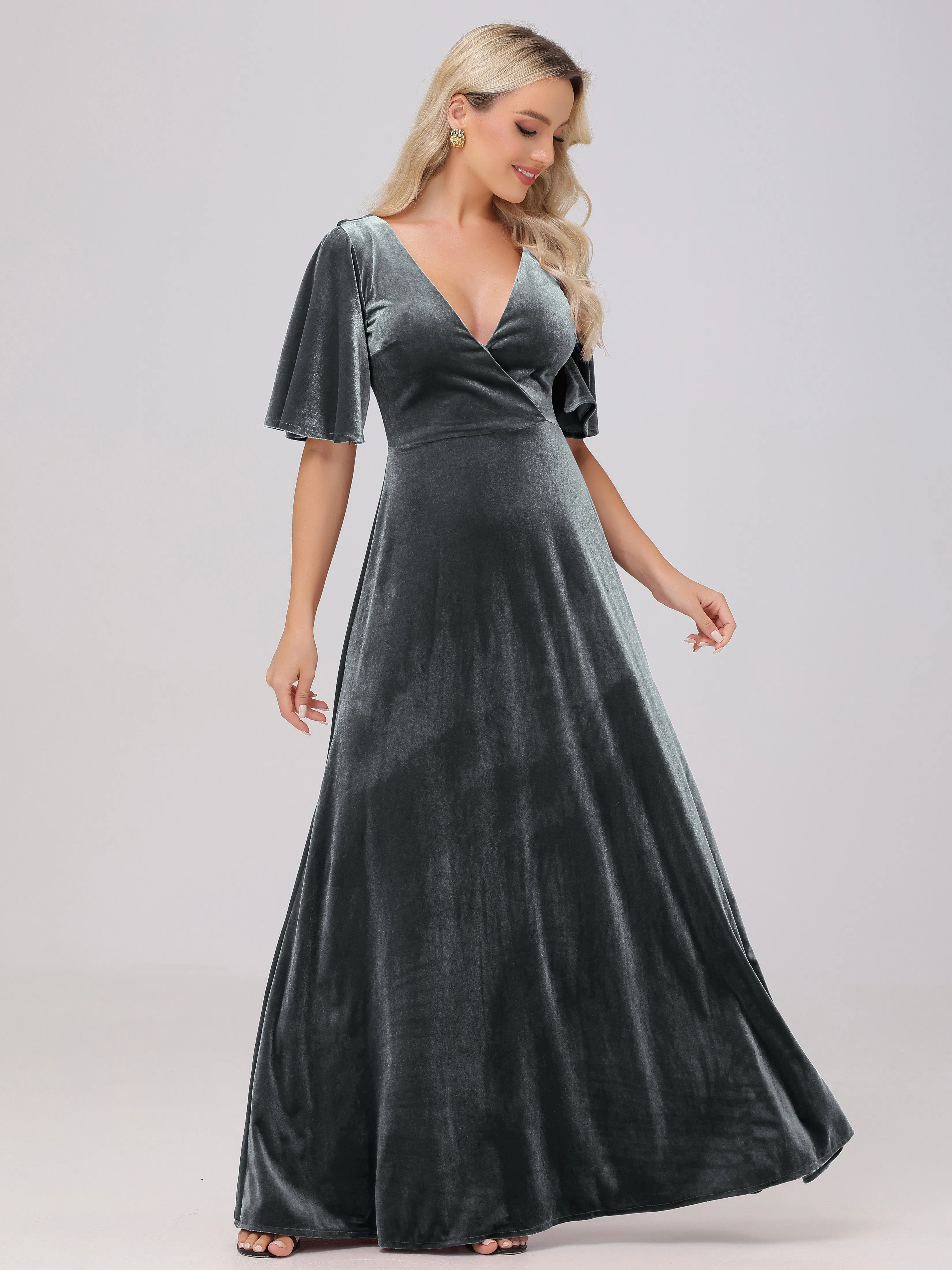 A-Line Half Sleeves V-Neck Floor-Length Velvet Bridesmaid Dresses