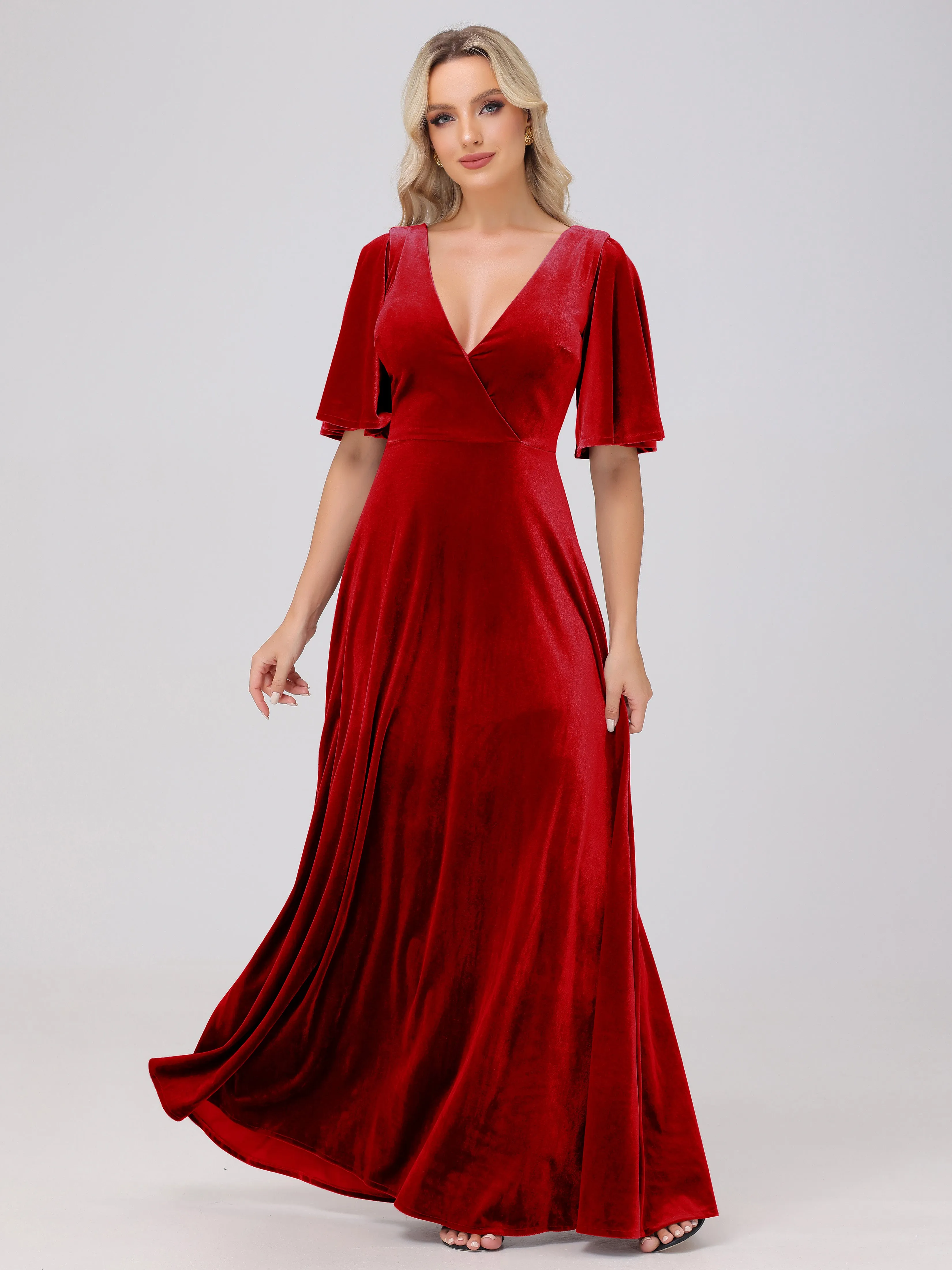 A-Line Half Sleeves V-Neck Floor-Length Velvet Bridesmaid Dresses