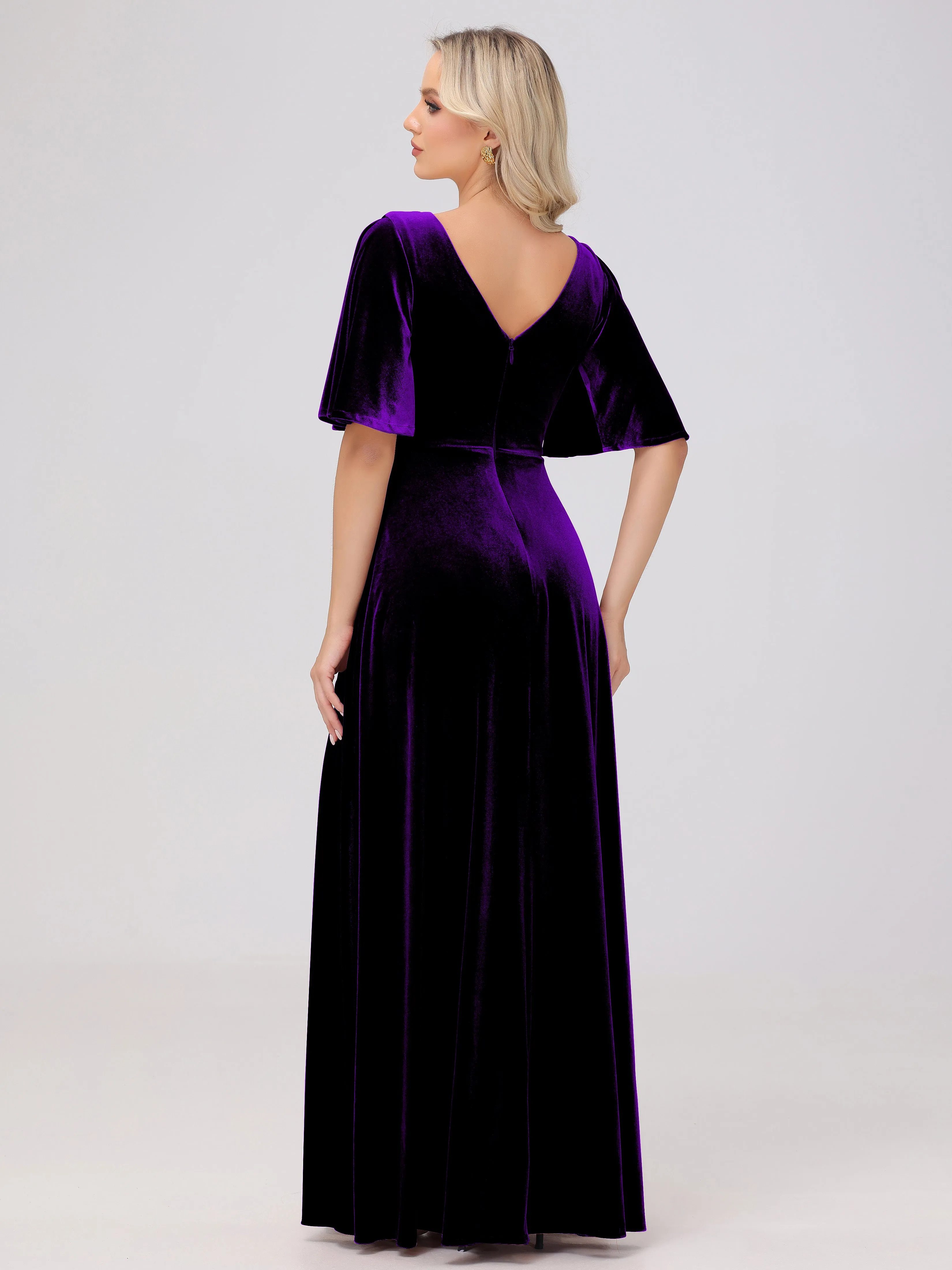 A-Line Half Sleeves V-Neck Floor-Length Velvet Bridesmaid Dresses