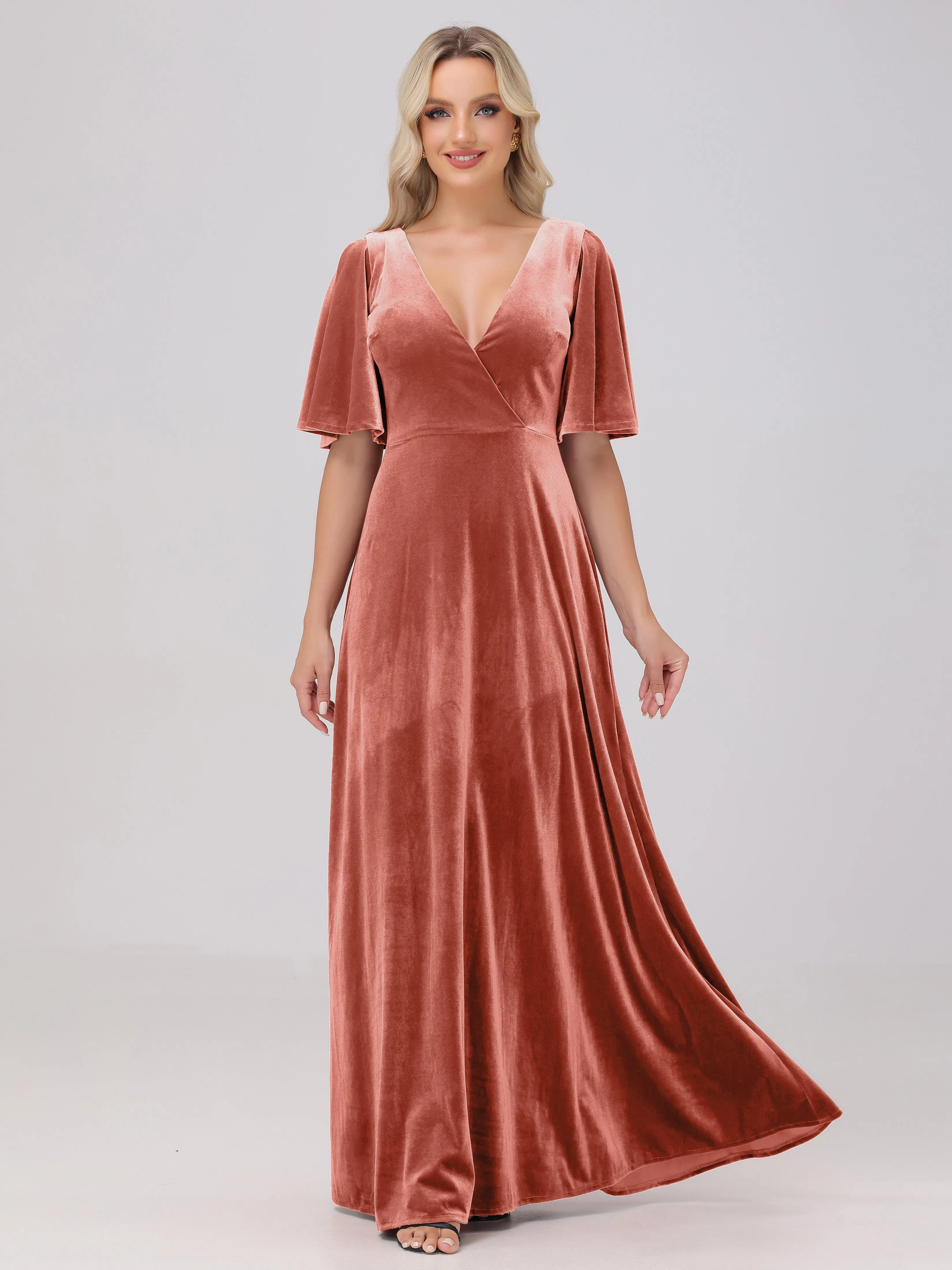 A-Line Half Sleeves V-Neck Floor-Length Velvet Bridesmaid Dresses