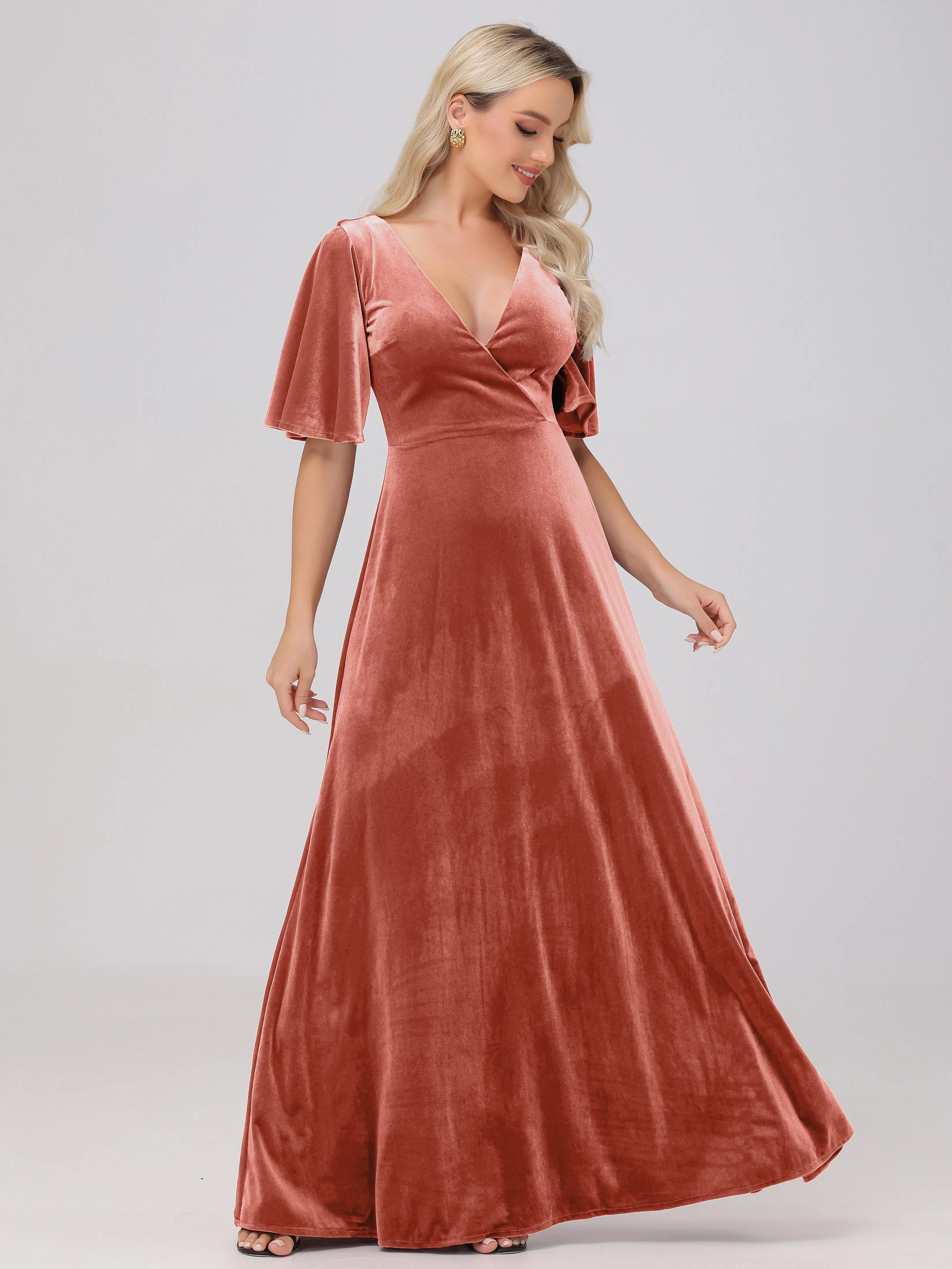 A-Line Half Sleeves V-Neck Floor-Length Velvet Bridesmaid Dresses