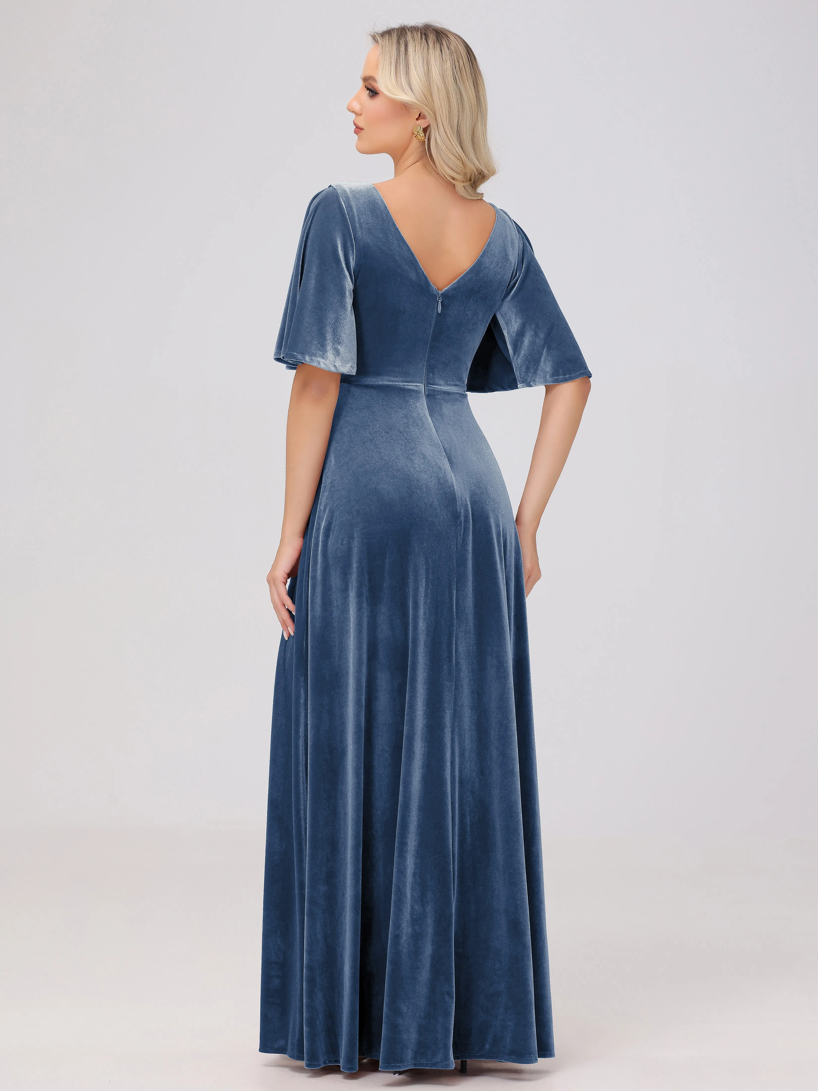 A-Line Half Sleeves V-Neck Floor-Length Velvet Bridesmaid Dresses