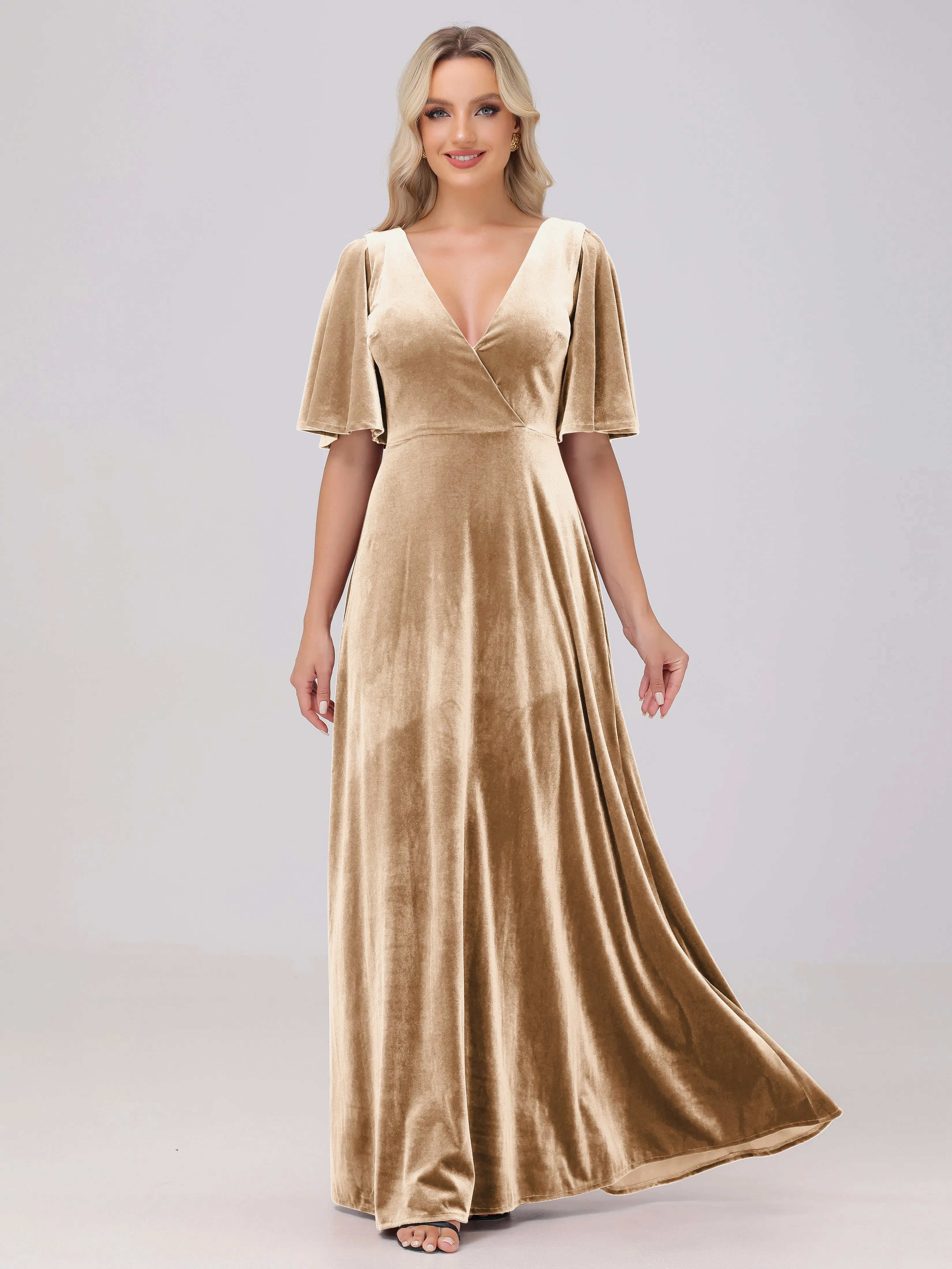 A-Line Half Sleeves V-Neck Floor-Length Velvet Bridesmaid Dresses