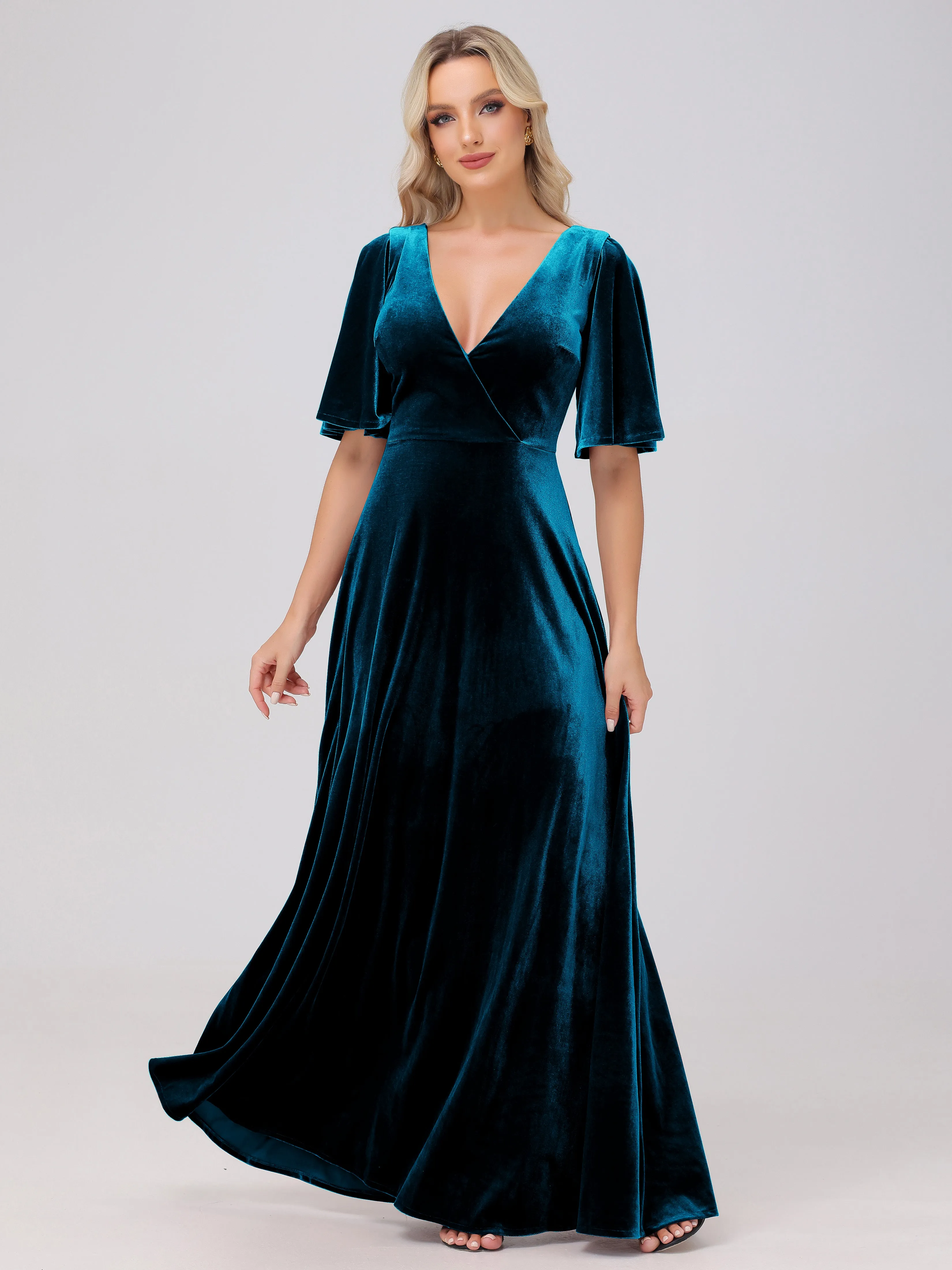 A-Line Half Sleeves V-Neck Floor-Length Velvet Bridesmaid Dresses