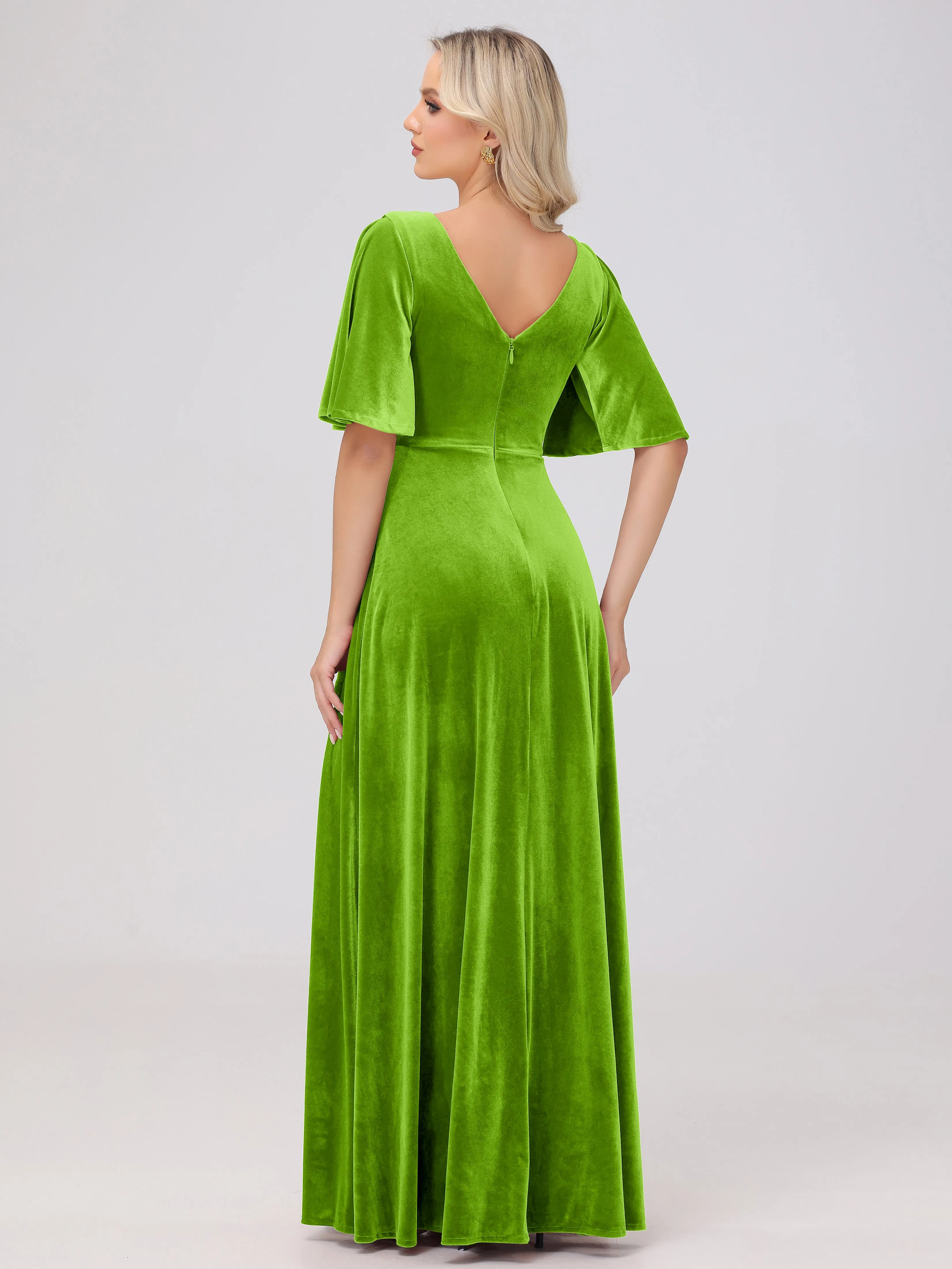 A-Line Half Sleeves V-Neck Floor-Length Velvet Bridesmaid Dresses