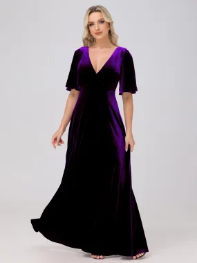 A-Line Half Sleeves V-Neck Floor-Length Velvet Bridesmaid Dresses