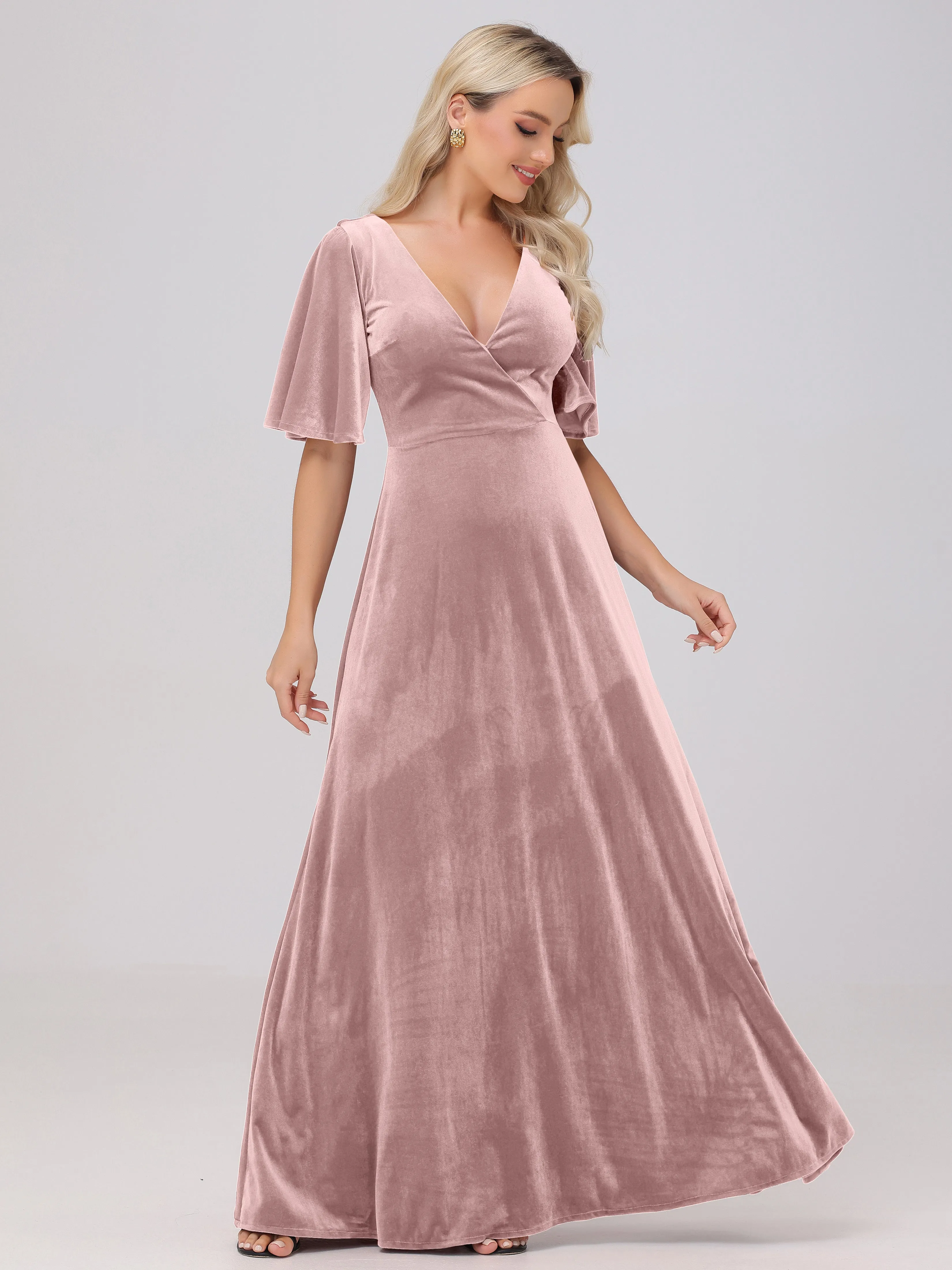 A-Line Half Sleeves V-Neck Floor-Length Velvet Bridesmaid Dresses