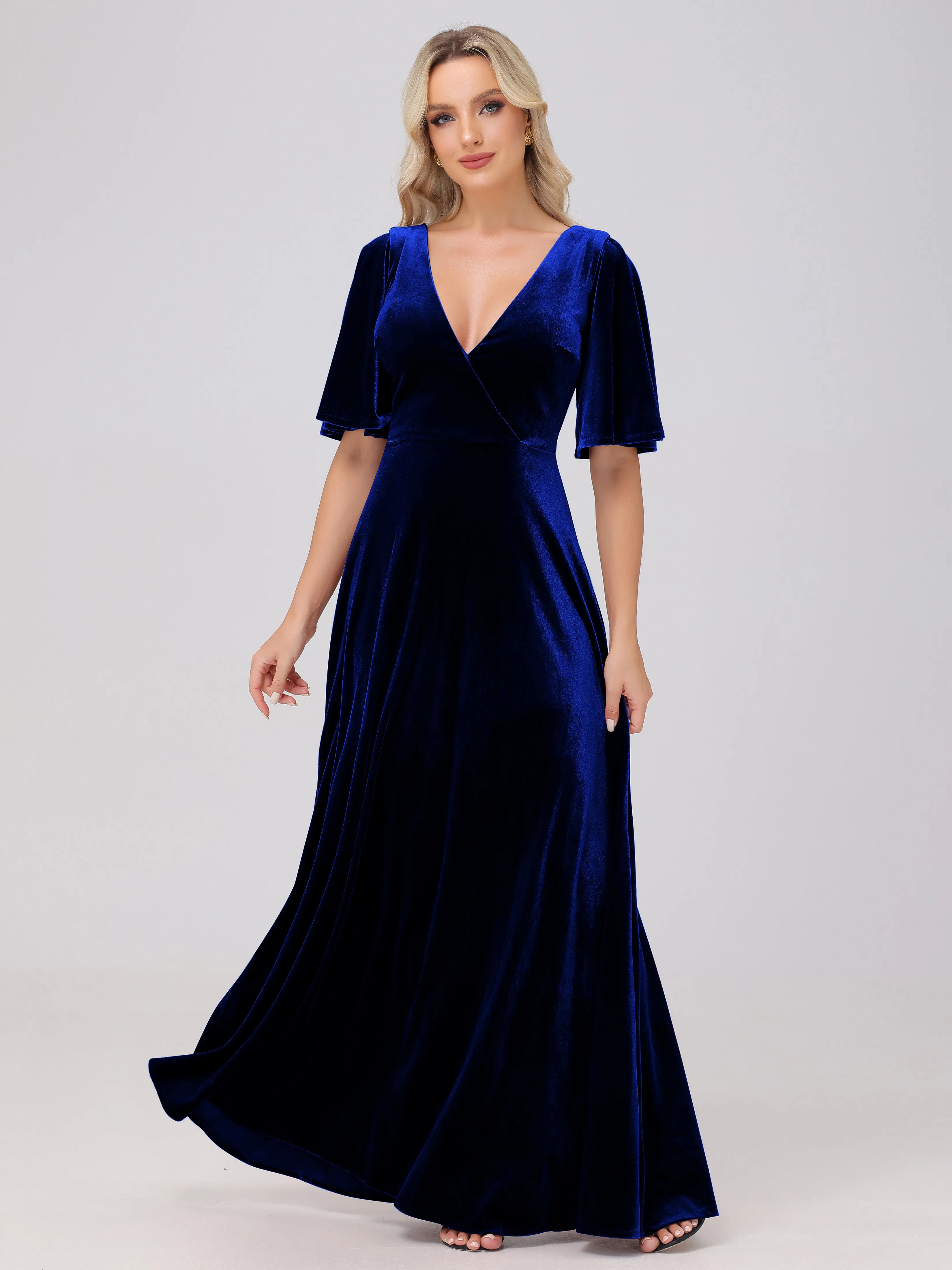 A-Line Half Sleeves V-Neck Floor-Length Velvet Bridesmaid Dresses