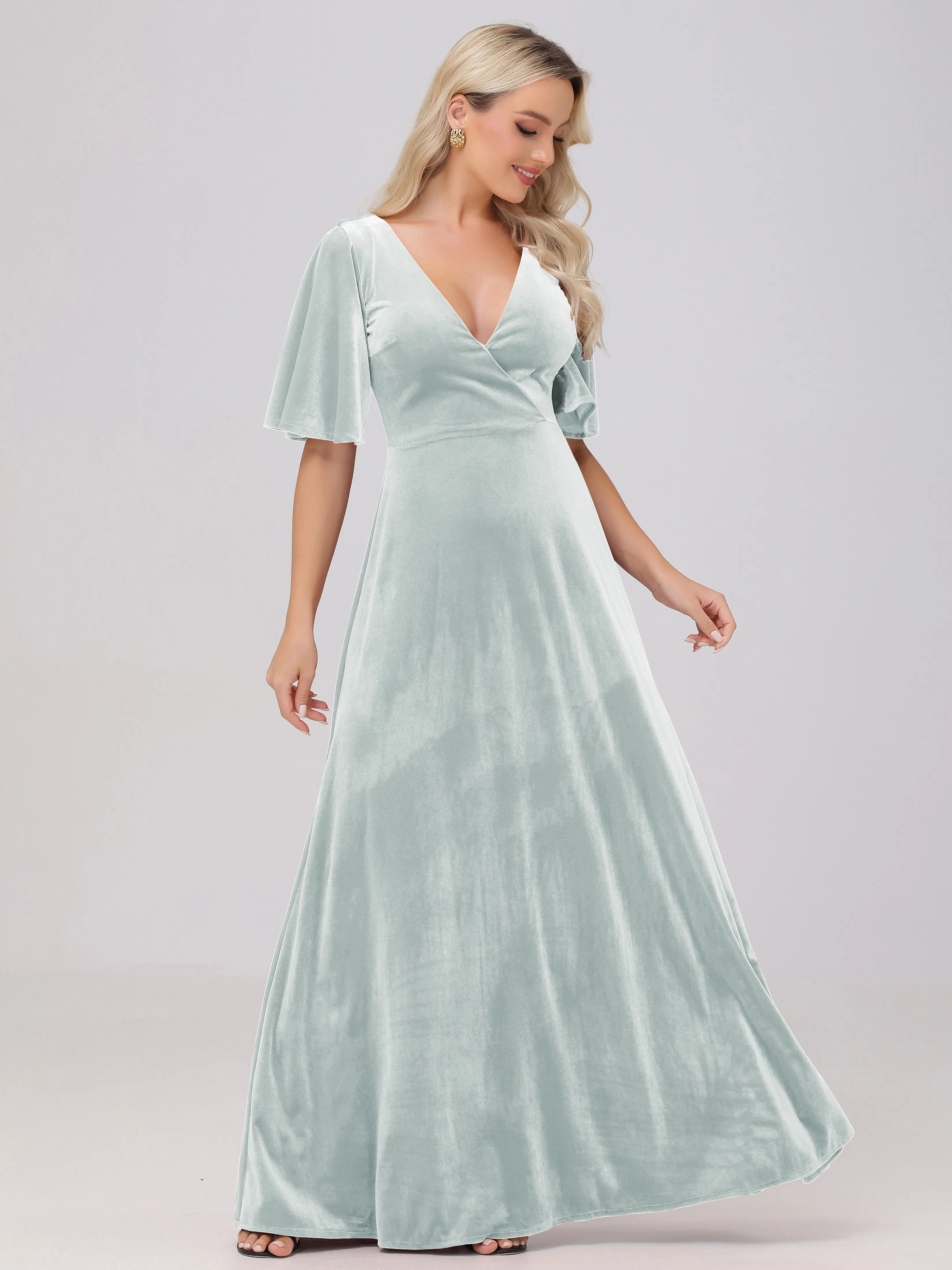 A-Line Half Sleeves V-Neck Floor-Length Velvet Bridesmaid Dresses