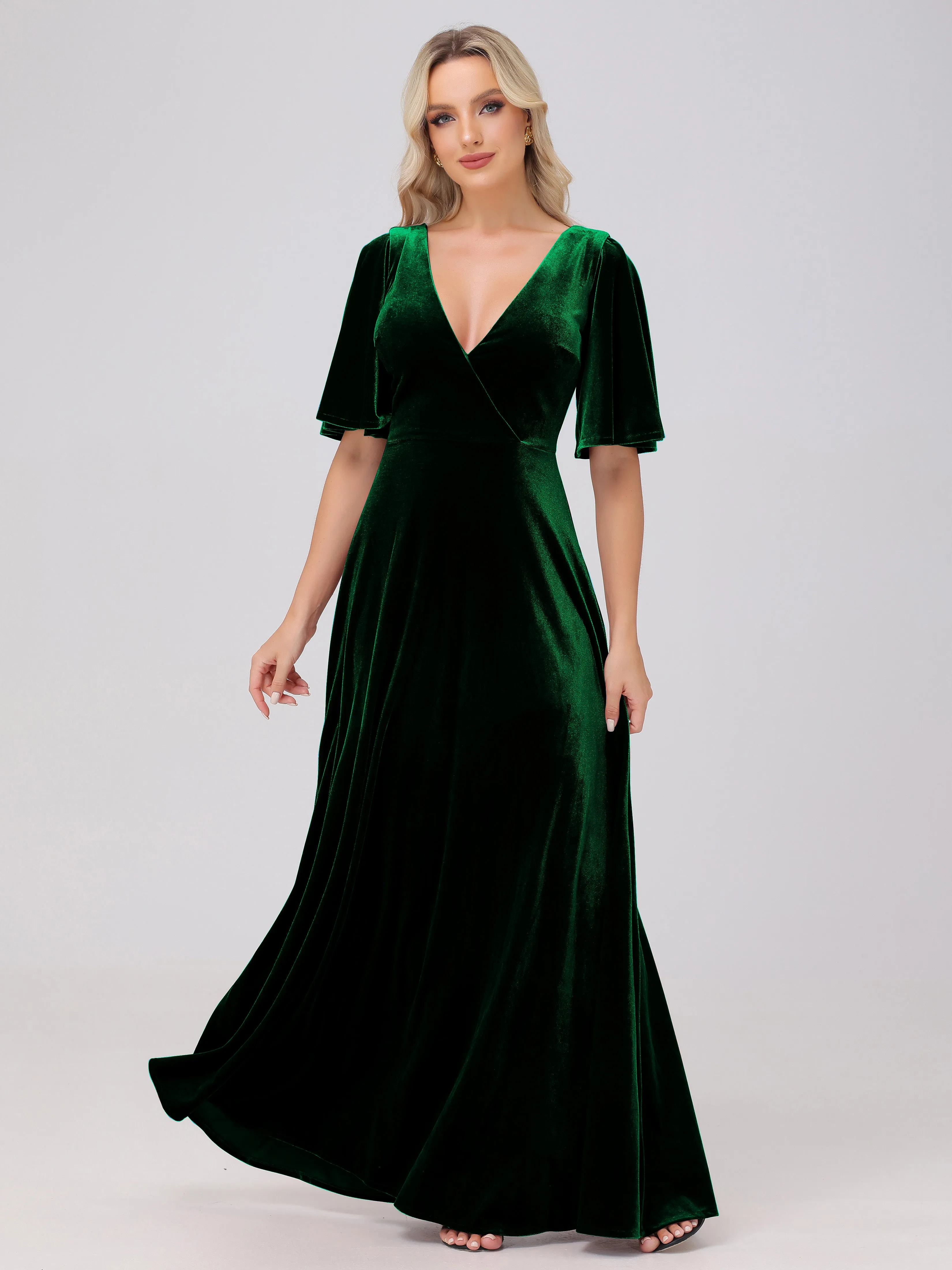 A-Line Half Sleeves V-Neck Floor-Length Velvet Bridesmaid Dresses