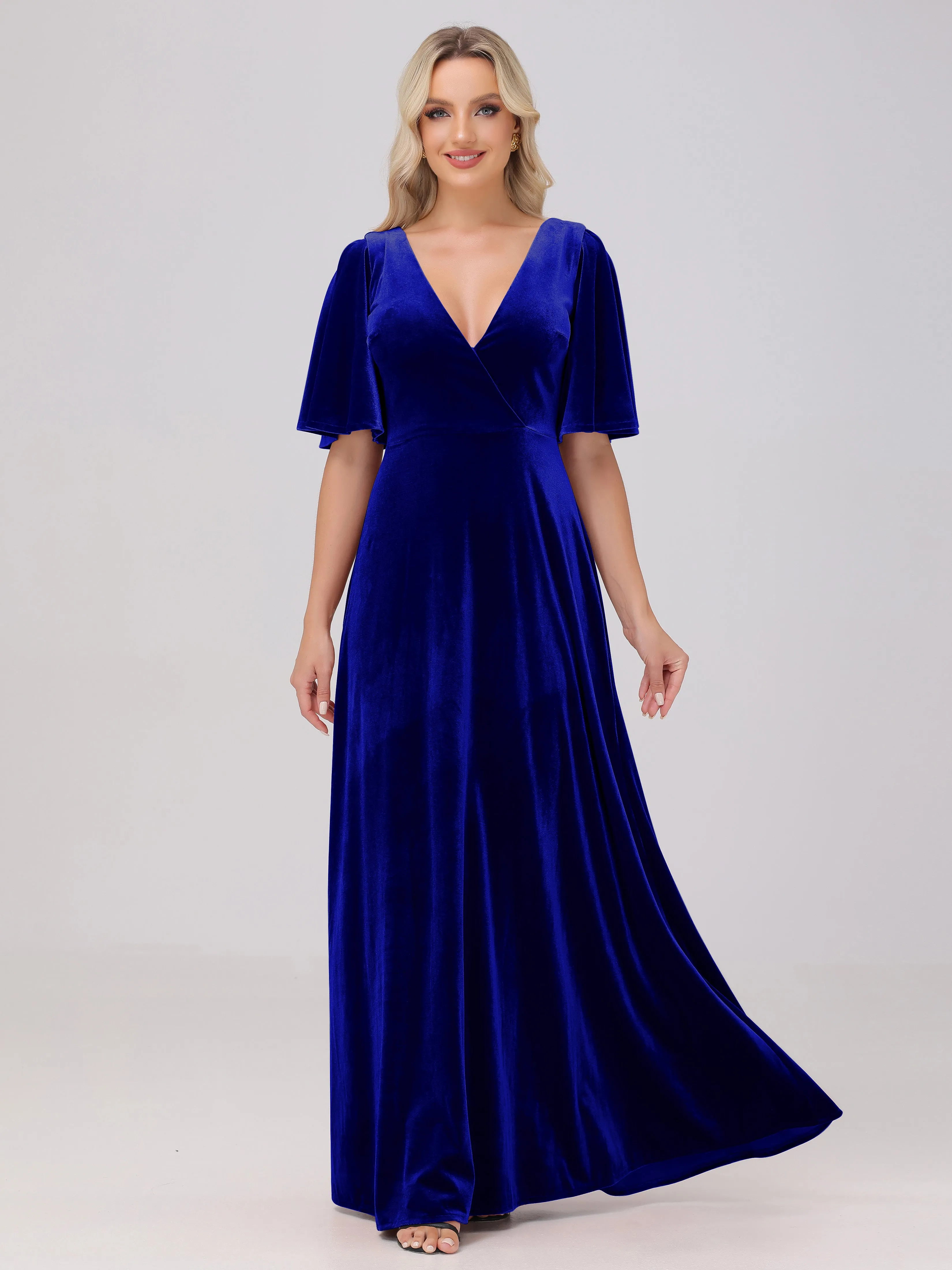 A-Line Half Sleeves V-Neck Floor-Length Velvet Bridesmaid Dresses