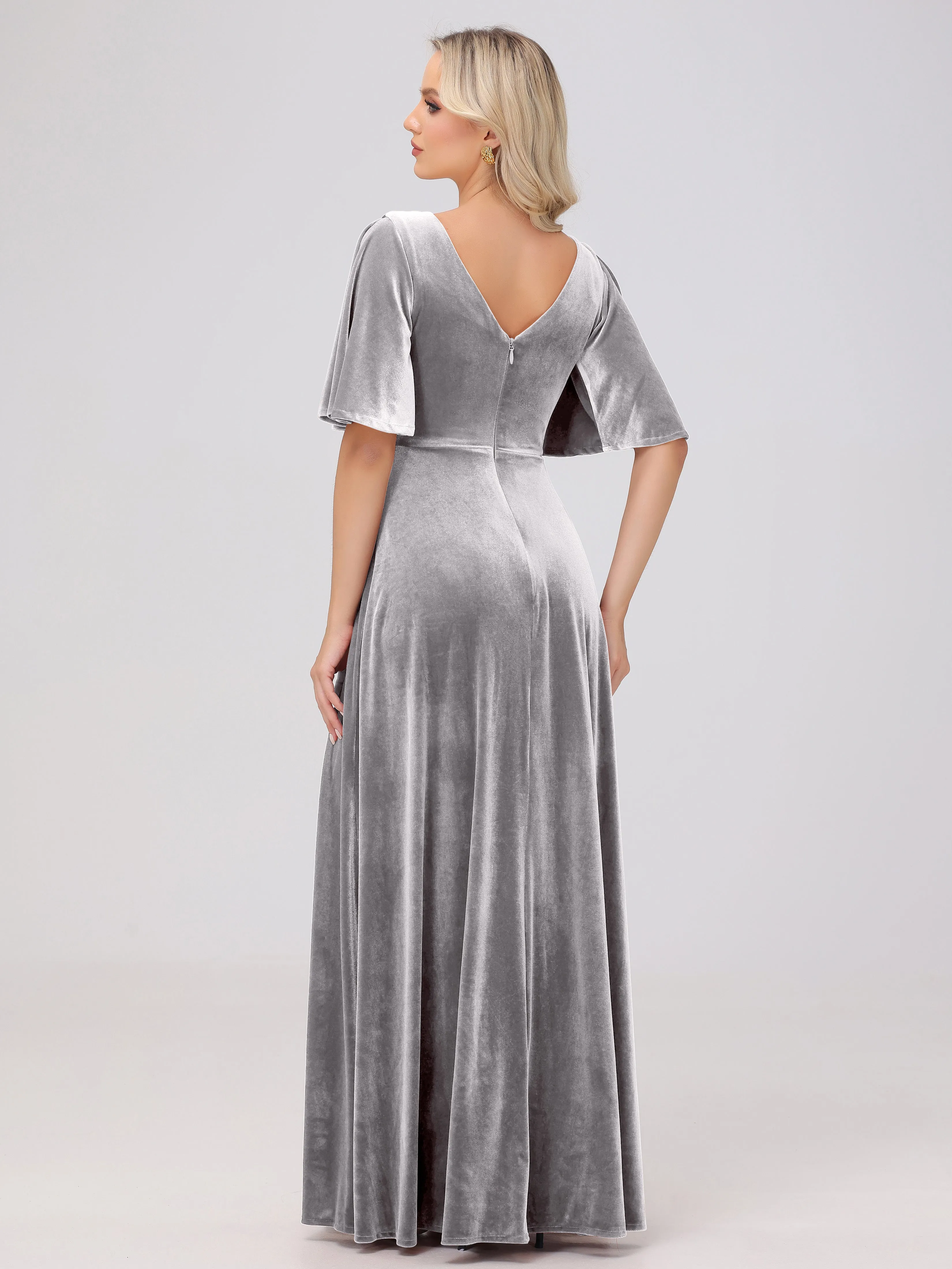 A-Line Half Sleeves V-Neck Floor-Length Velvet Bridesmaid Dresses