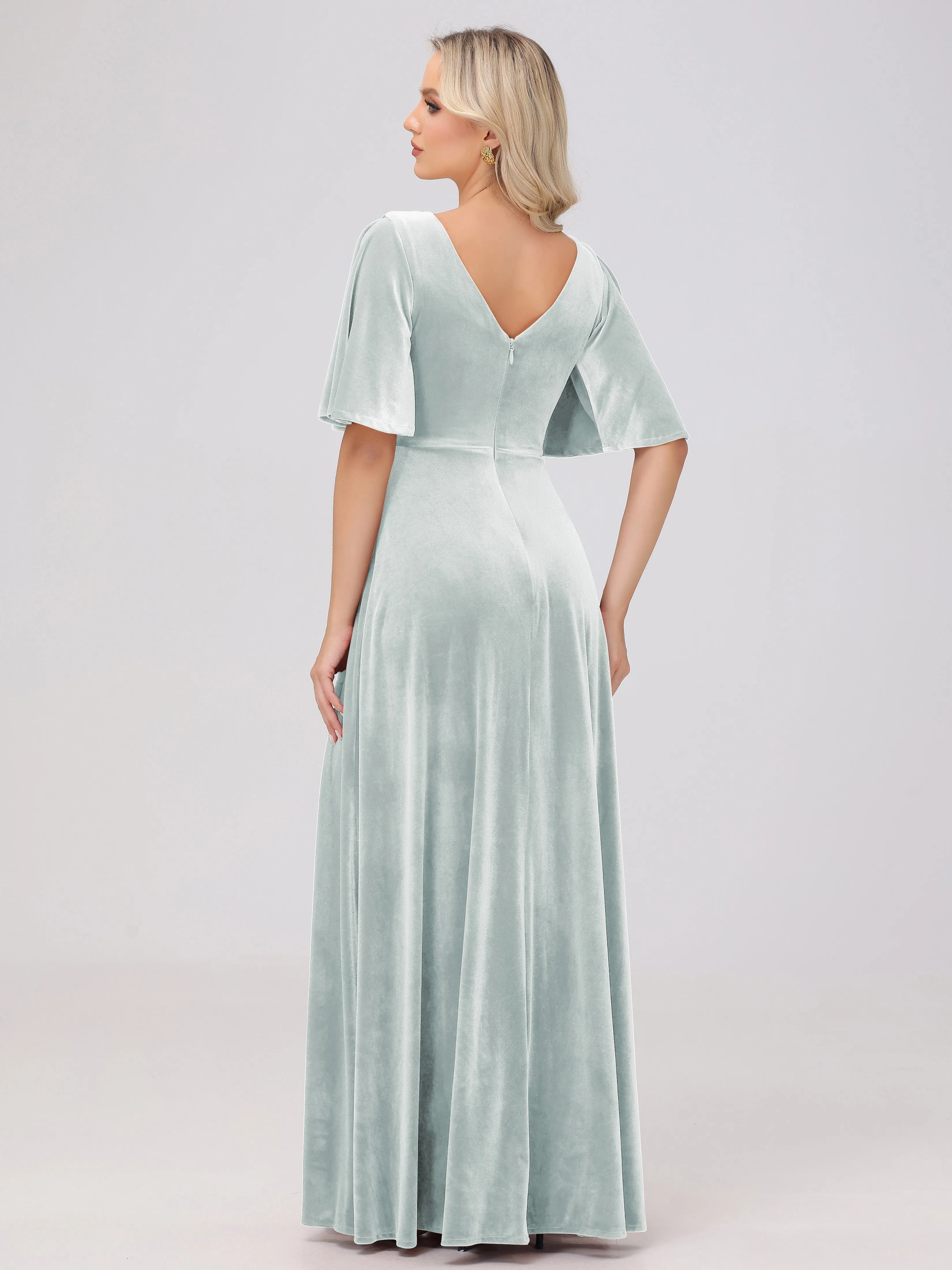 A-Line Half Sleeves V-Neck Floor-Length Velvet Bridesmaid Dresses