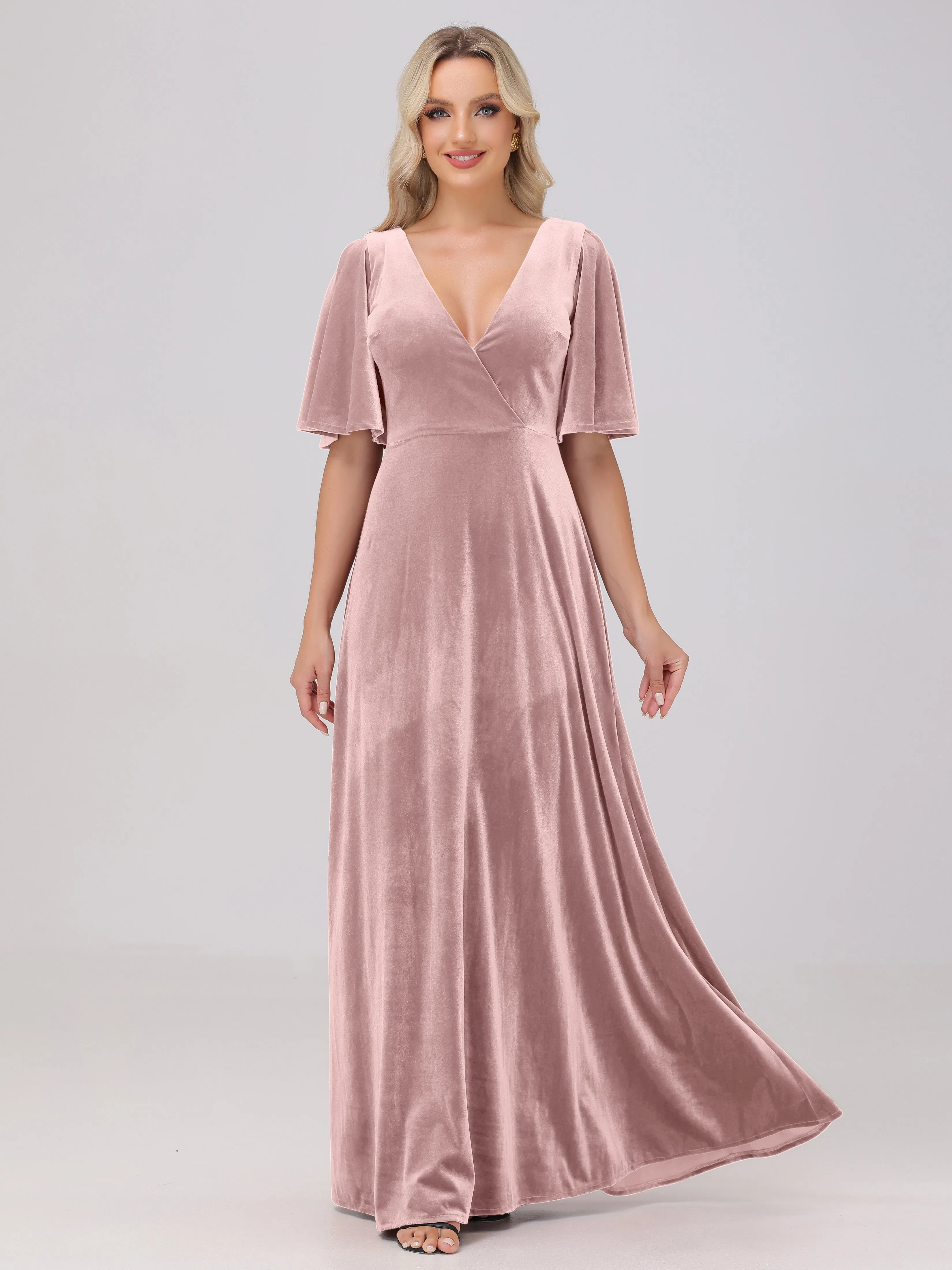 A-Line Half Sleeves V-Neck Floor-Length Velvet Bridesmaid Dresses