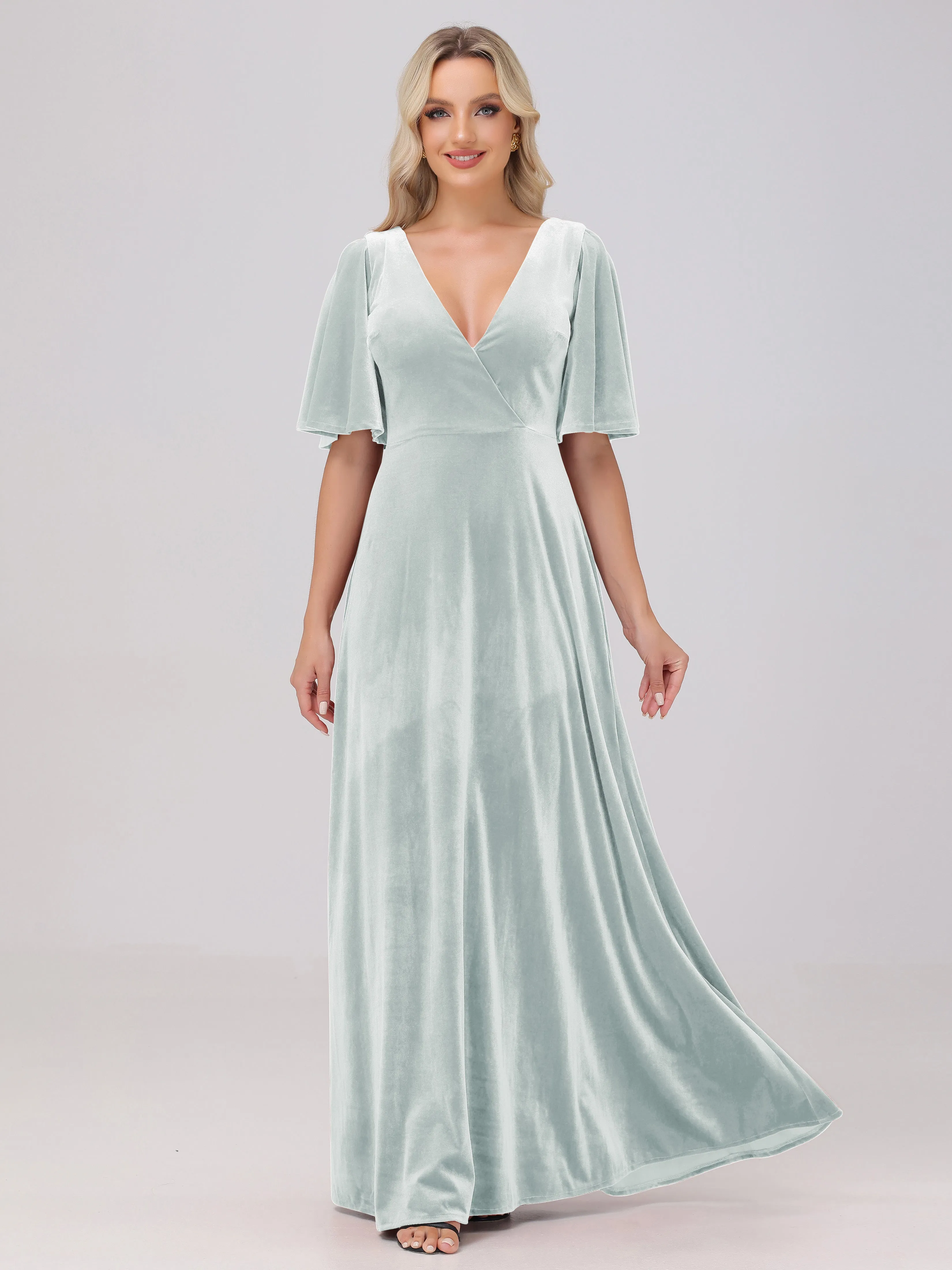 A-Line Half Sleeves V-Neck Floor-Length Velvet Bridesmaid Dresses