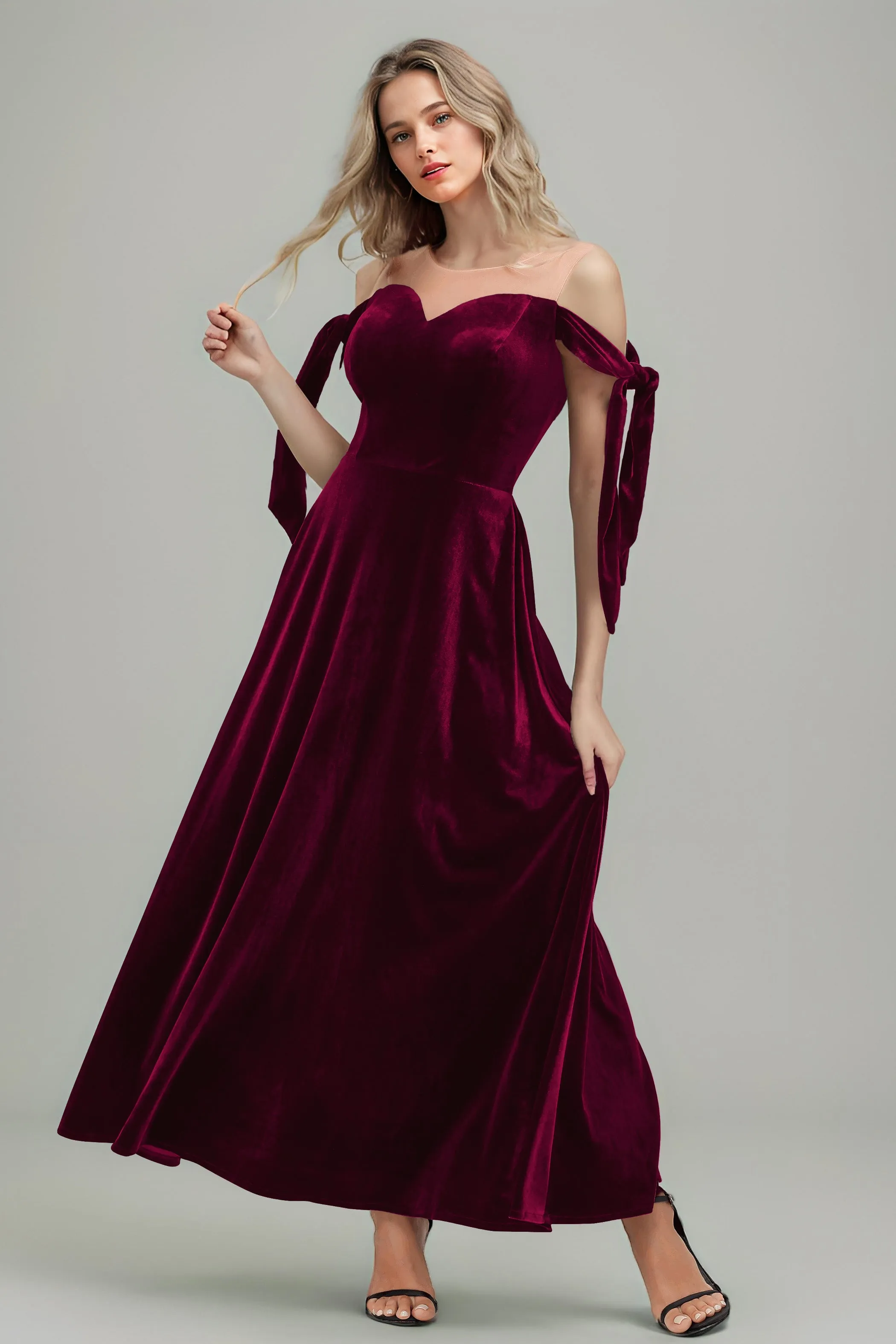 A Line Sheer Neck Ankle Length Velvet Bridesmaid Dresses