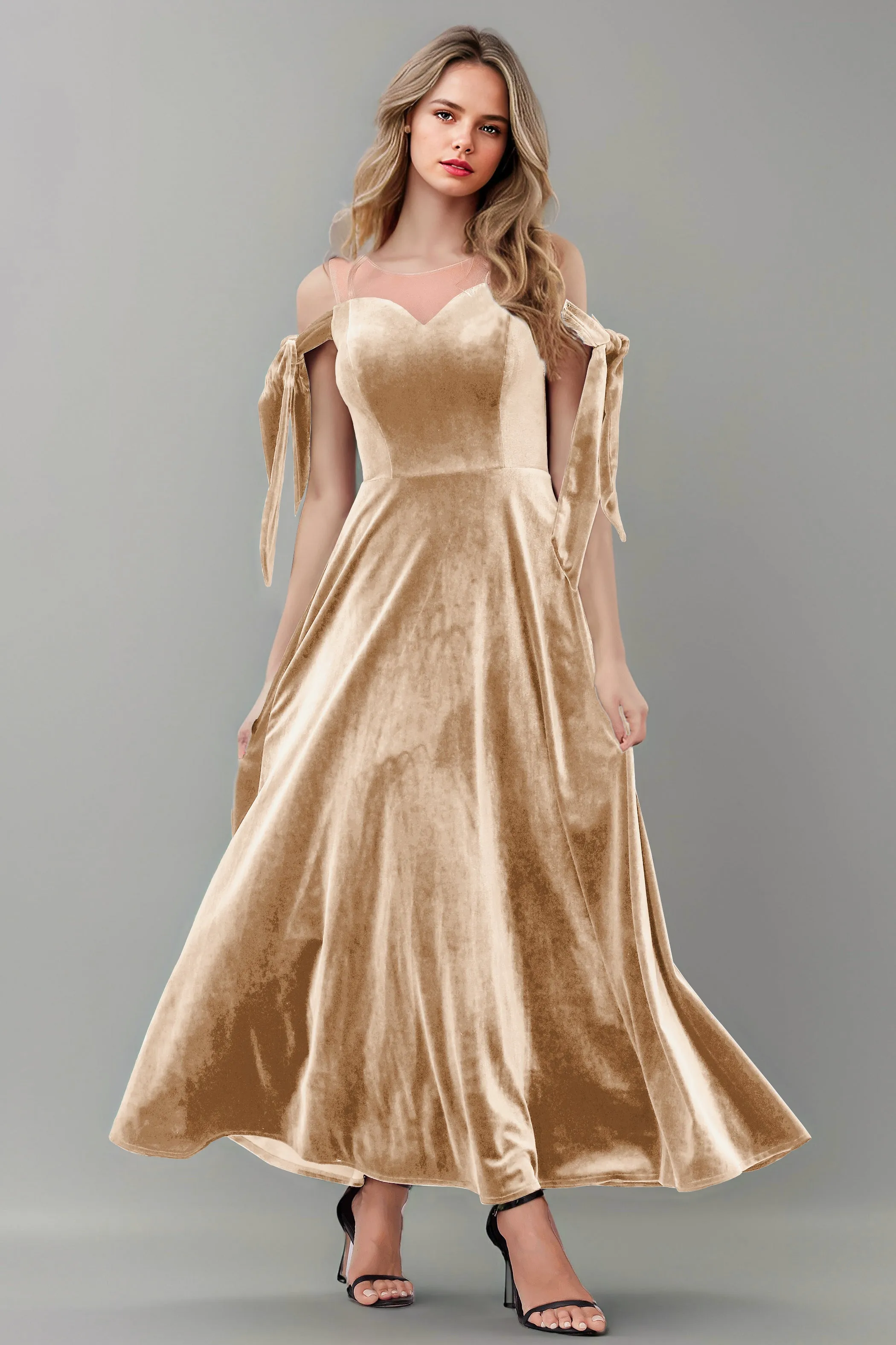 A Line Sheer Neck Ankle Length Velvet Bridesmaid Dresses