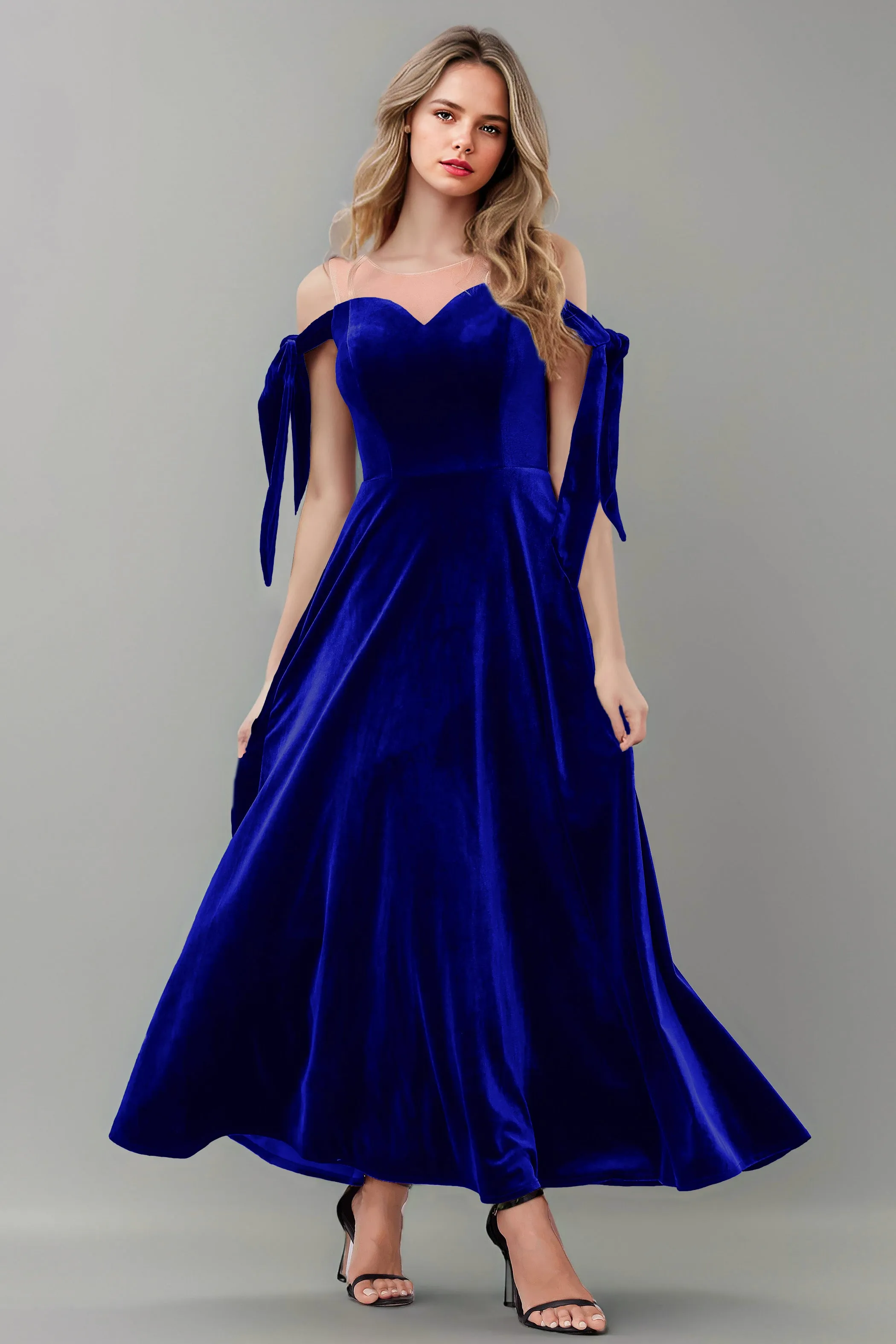 A Line Sheer Neck Ankle Length Velvet Bridesmaid Dresses