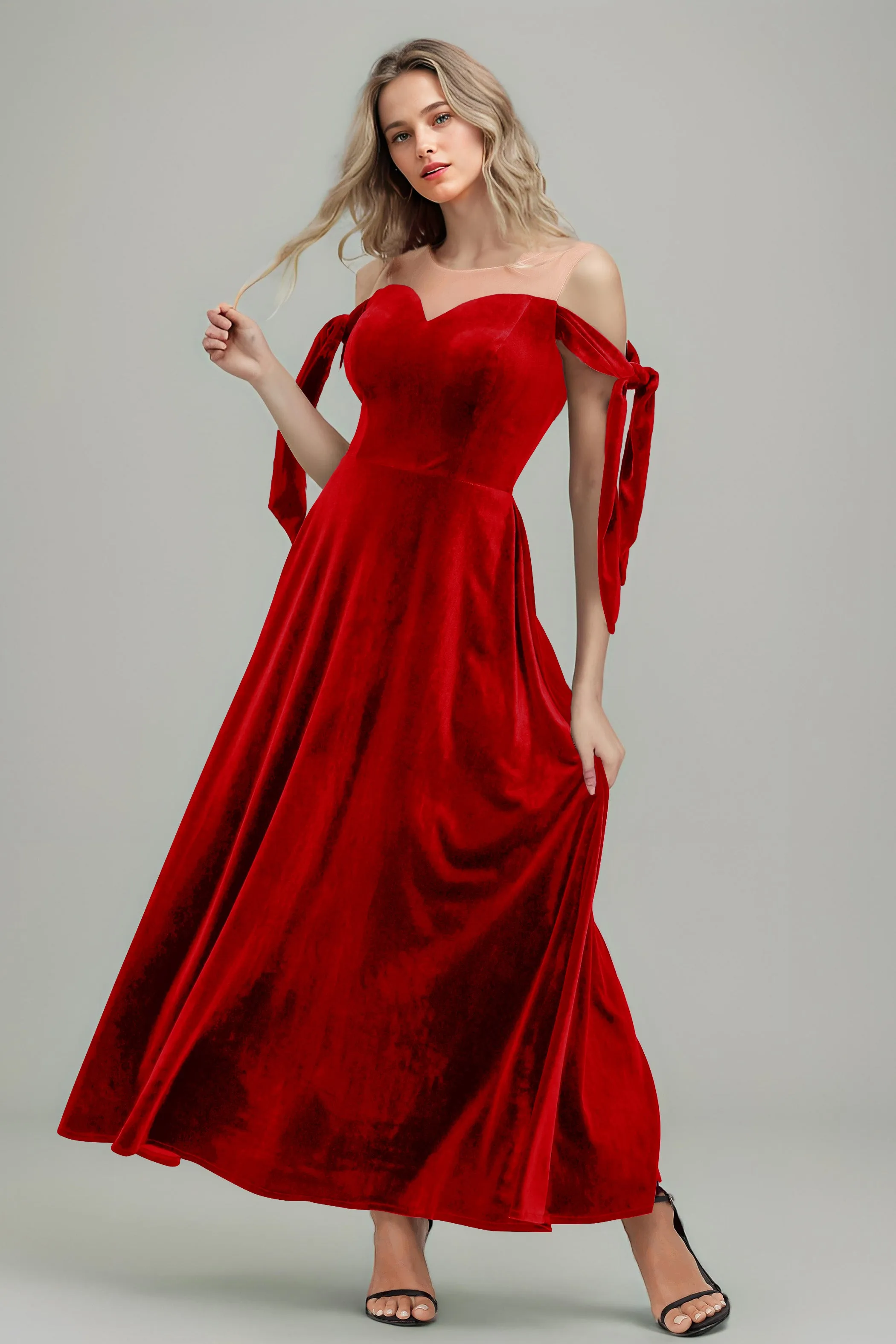 A Line Sheer Neck Ankle Length Velvet Bridesmaid Dresses