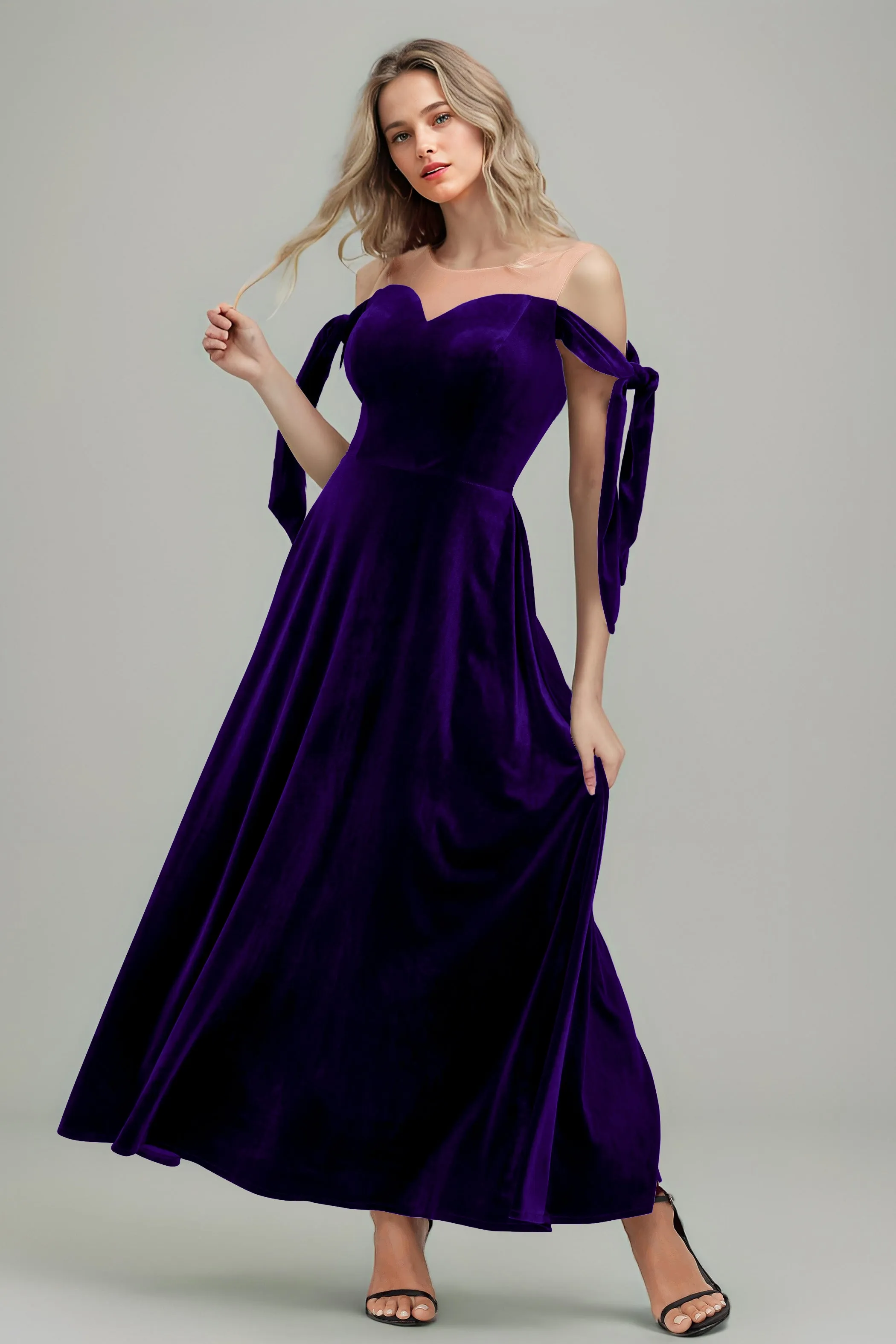 A Line Sheer Neck Ankle Length Velvet Bridesmaid Dresses