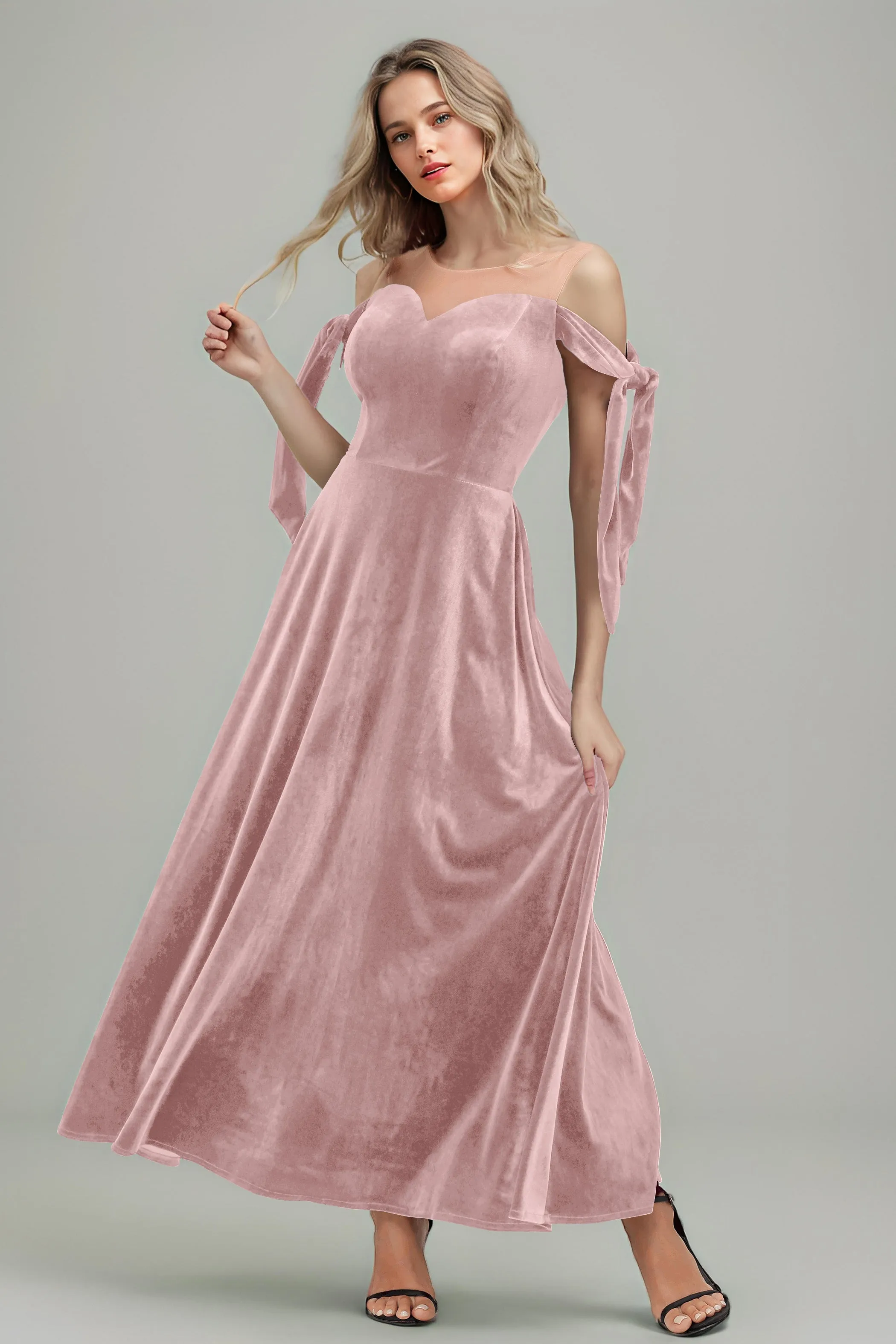 A Line Sheer Neck Ankle Length Velvet Bridesmaid Dresses