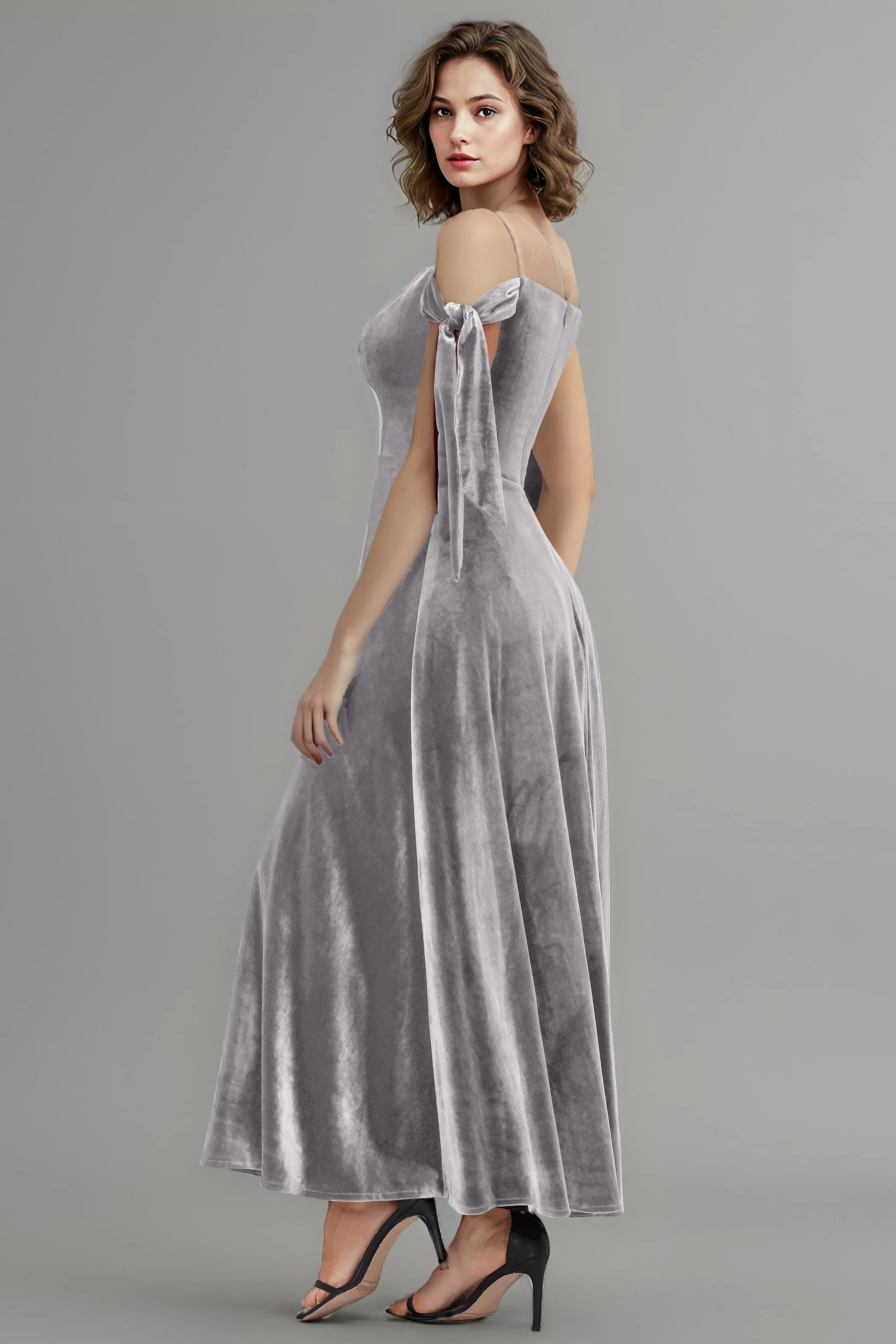 A Line Sheer Neck Ankle Length Velvet Bridesmaid Dresses