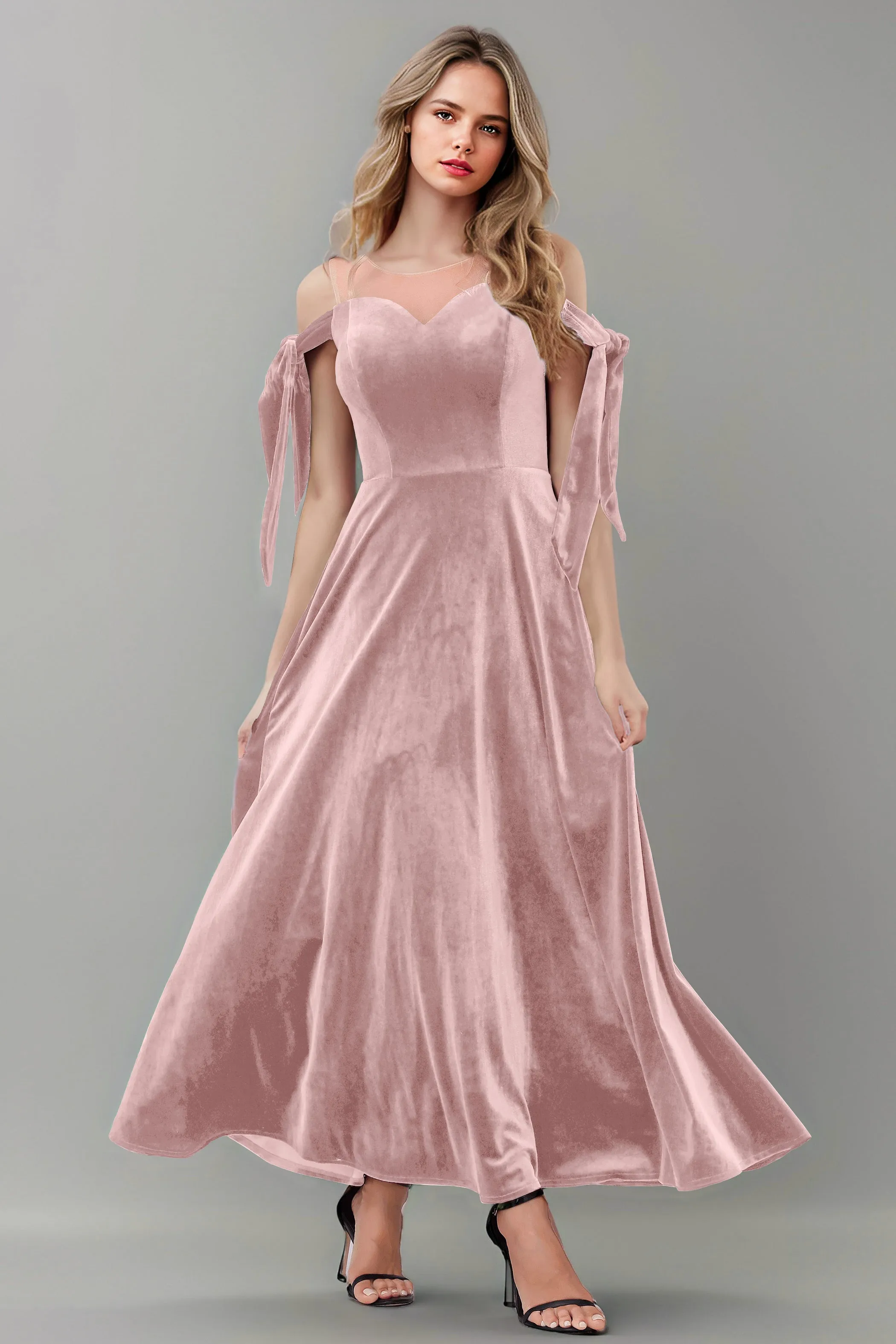 A Line Sheer Neck Ankle Length Velvet Bridesmaid Dresses