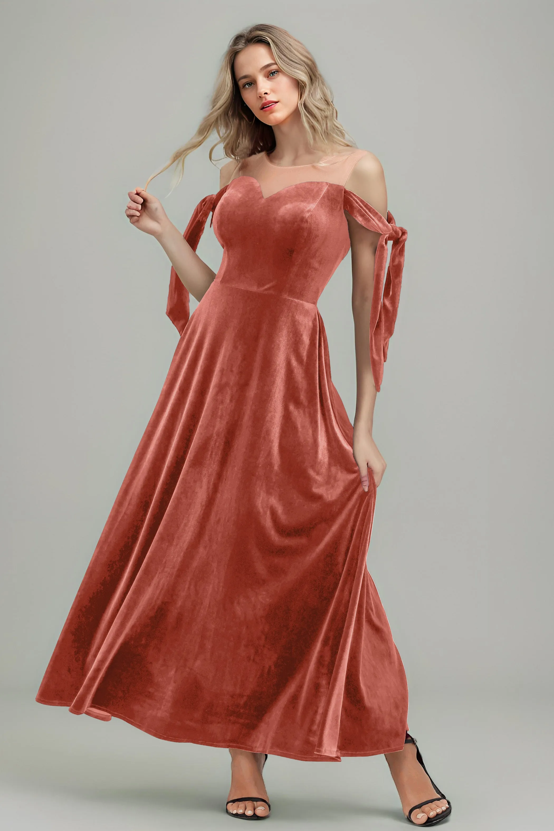 A Line Sheer Neck Ankle Length Velvet Bridesmaid Dresses