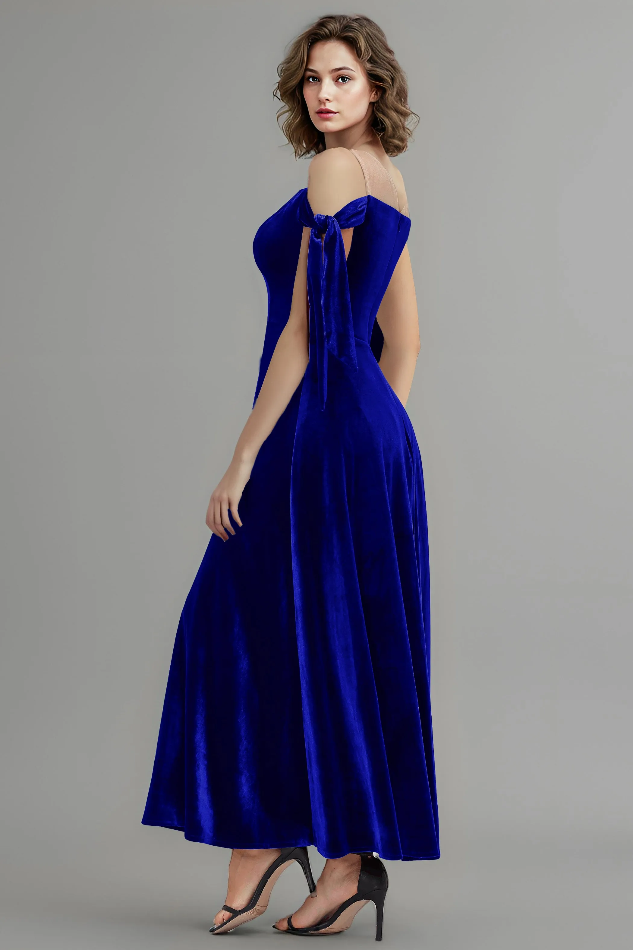 A Line Sheer Neck Ankle Length Velvet Bridesmaid Dresses