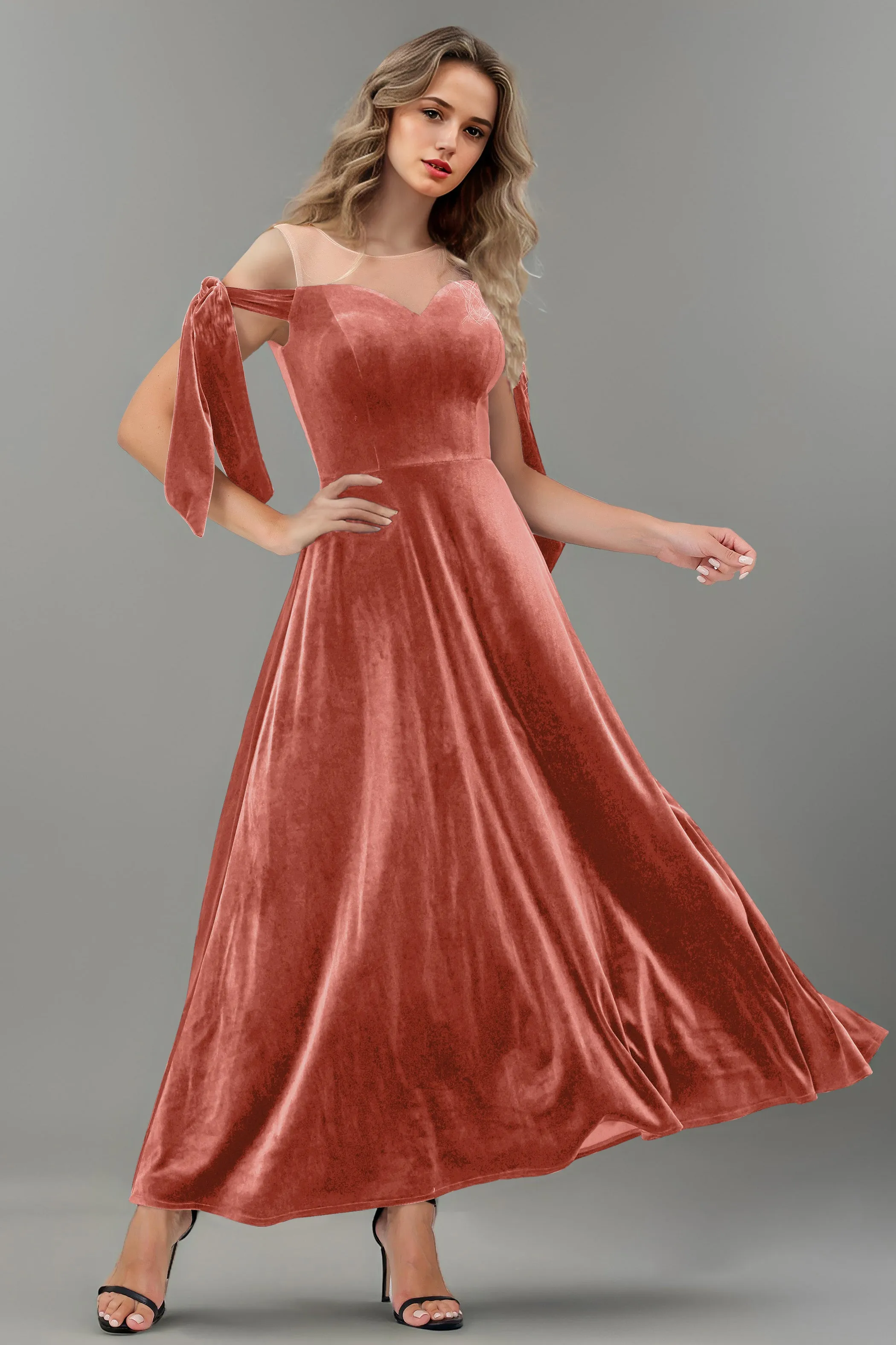 A Line Sheer Neck Ankle Length Velvet Bridesmaid Dresses