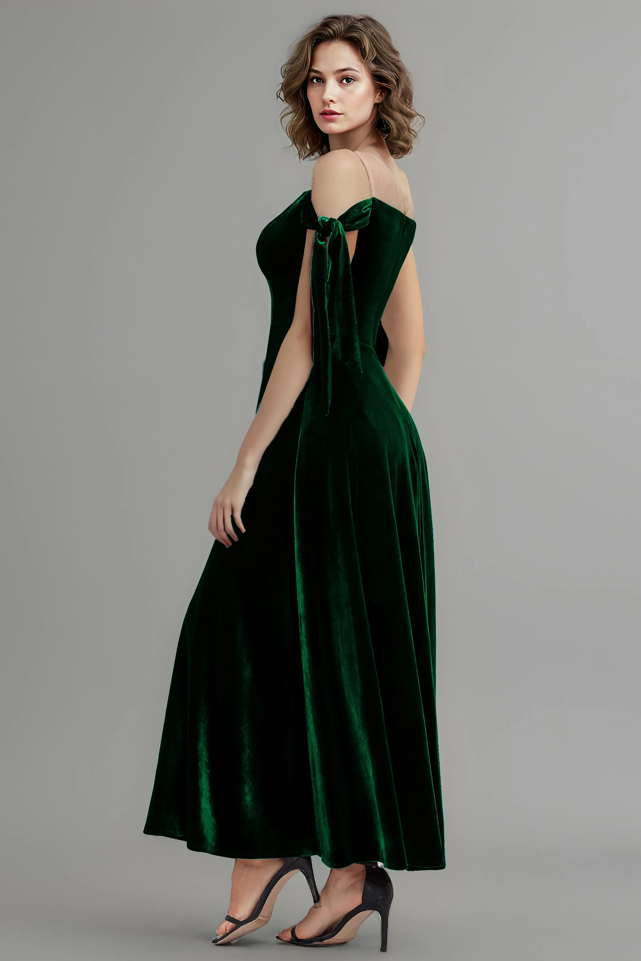 A Line Sheer Neck Ankle Length Velvet Bridesmaid Dresses