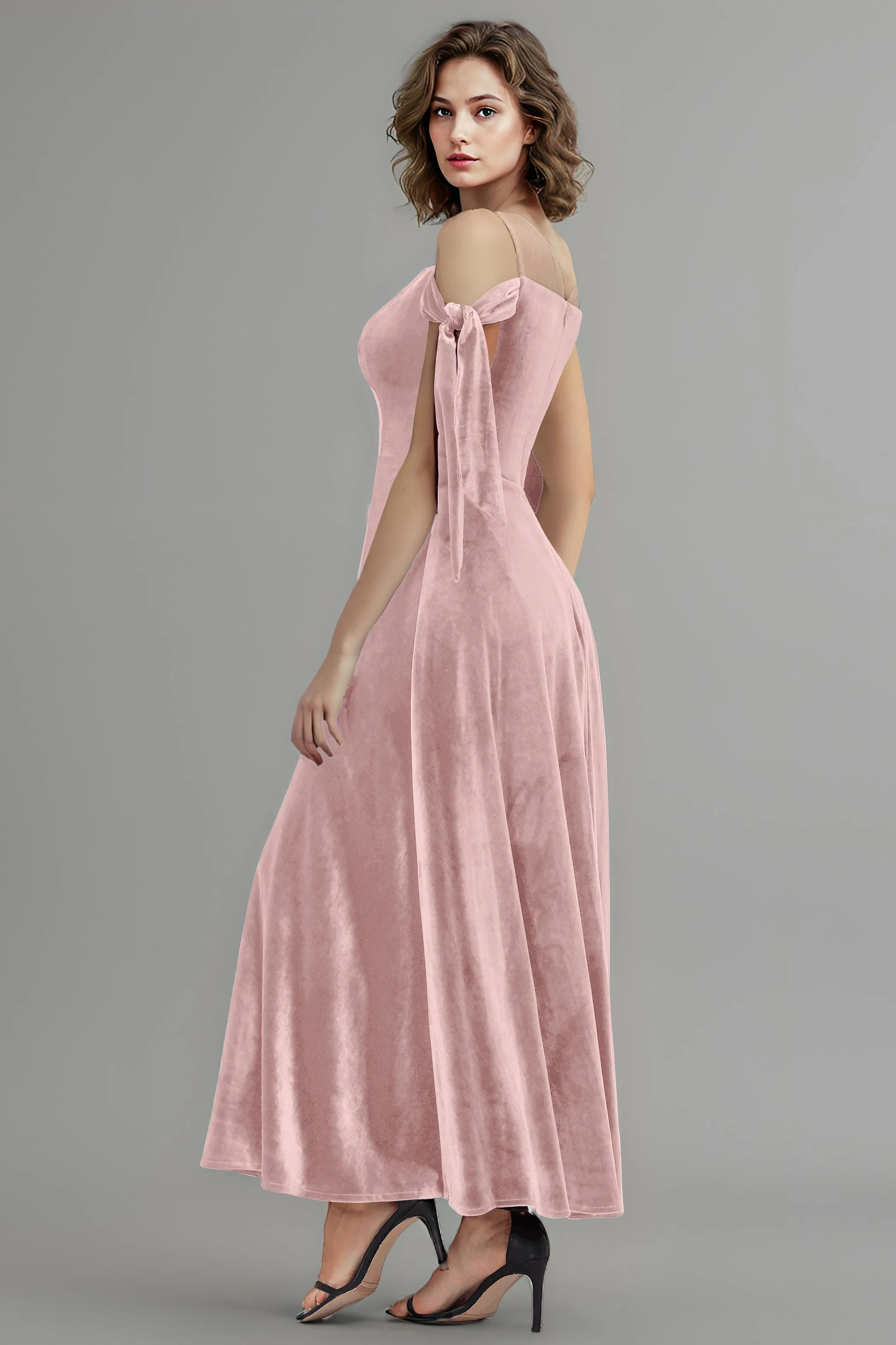 A Line Sheer Neck Ankle Length Velvet Bridesmaid Dresses