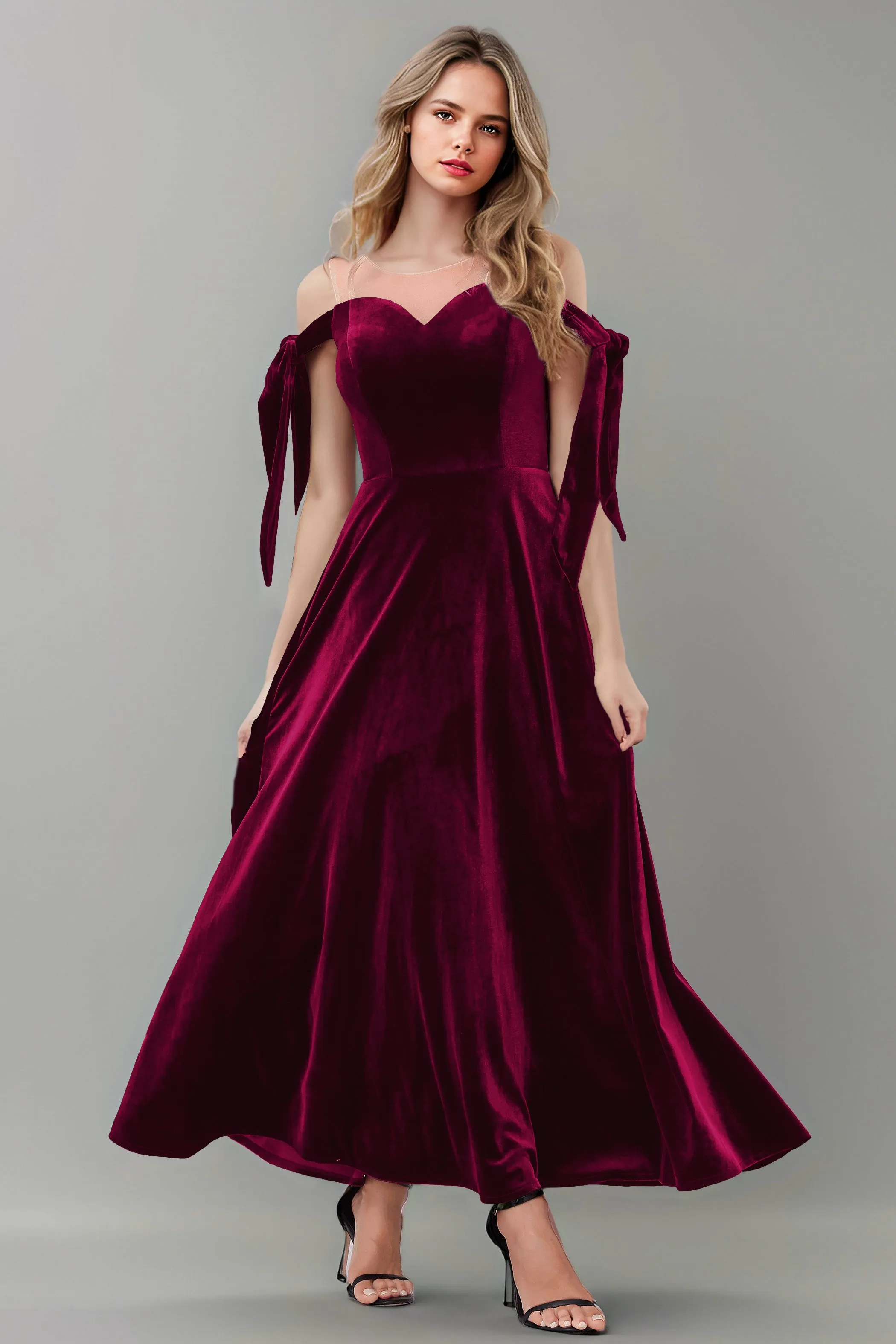 A Line Sheer Neck Ankle Length Velvet Bridesmaid Dresses