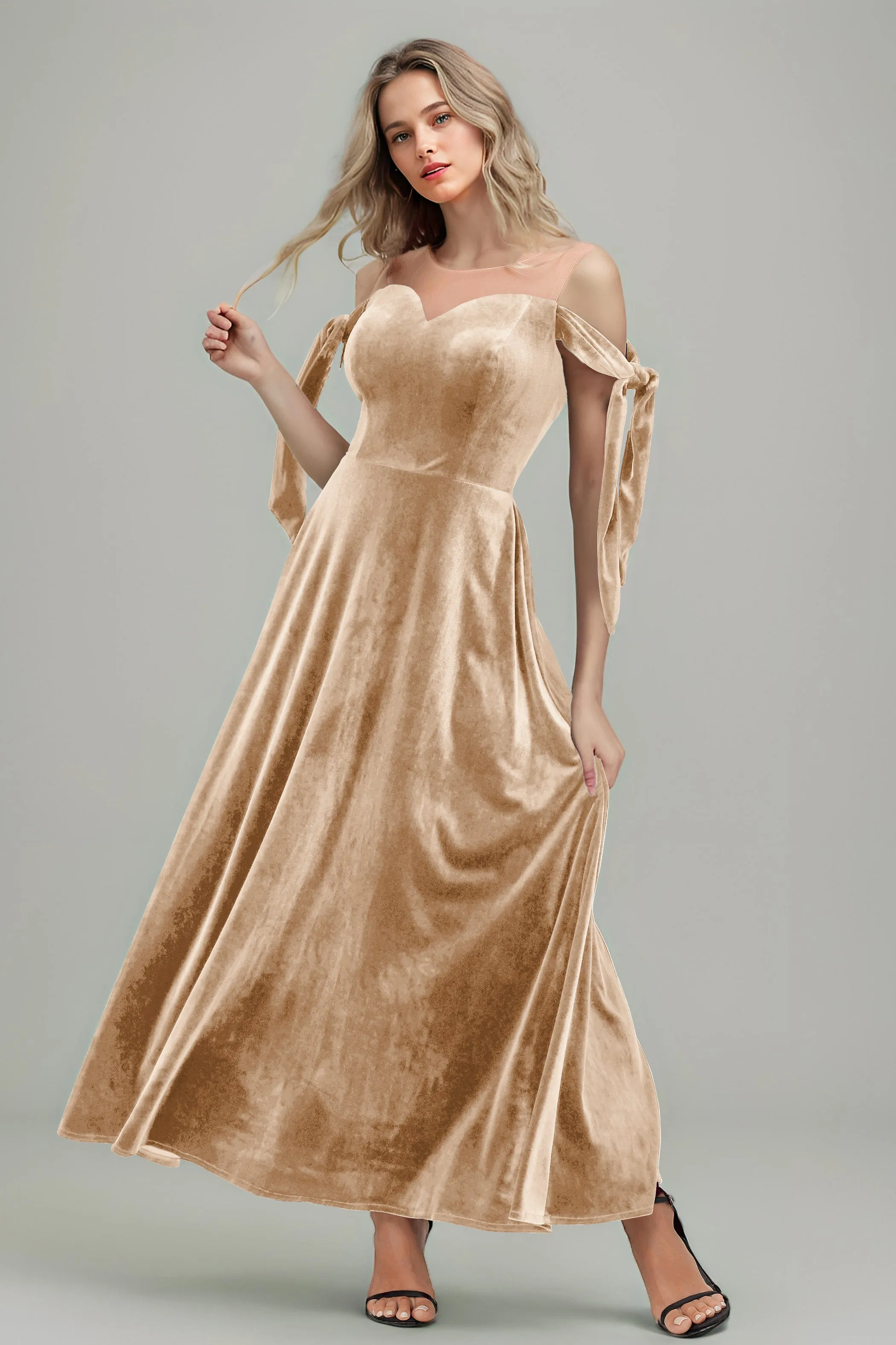 A Line Sheer Neck Ankle Length Velvet Bridesmaid Dresses