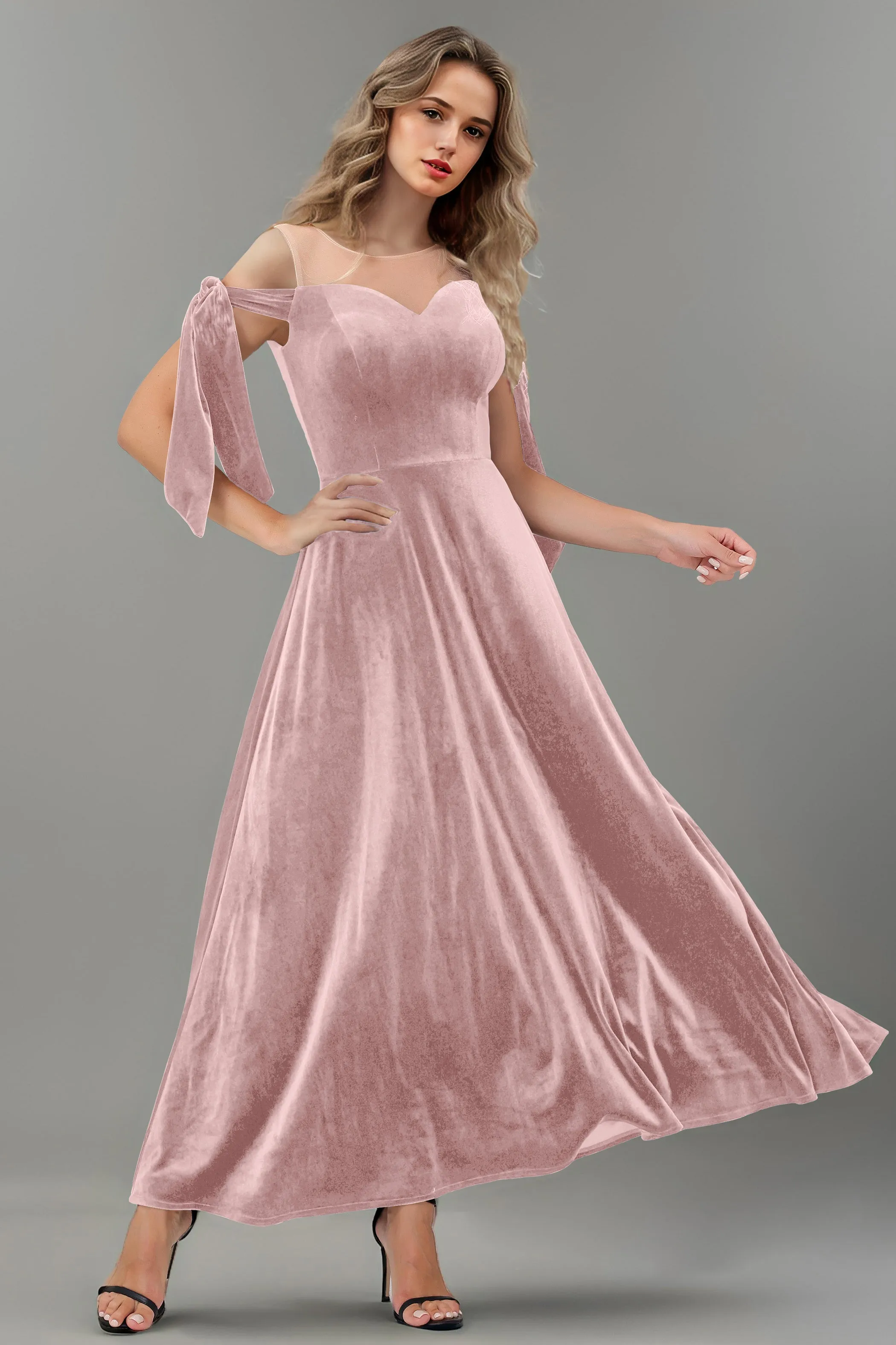 A Line Sheer Neck Ankle Length Velvet Bridesmaid Dresses